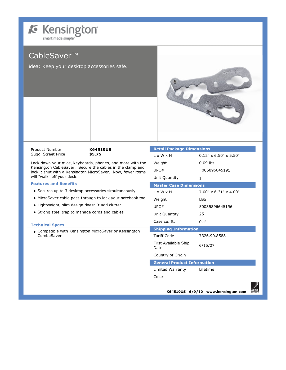 Kensington EU64325 CableSaver, idea: Keep your desktop accessories safe, $5.75, Features and Benefits, Technical Specs 