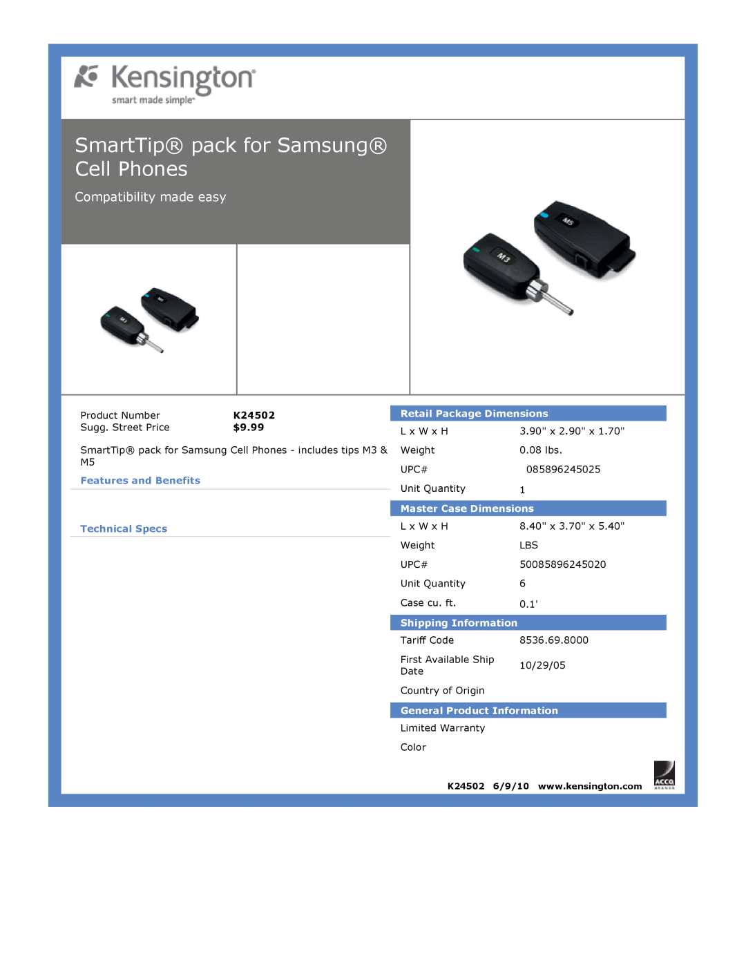 Kensington EU64325 SmartTip pack for Samsung Cell Phones, Compatibility made easy, $9.99, Retail Package Dimensions 