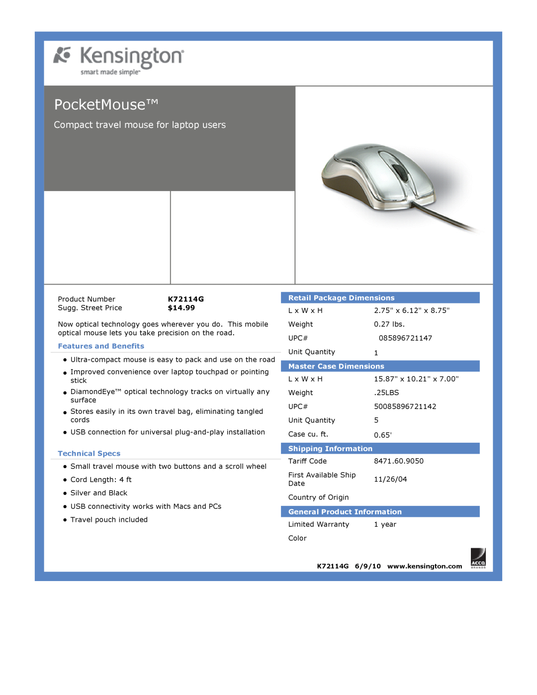 Kensington EU64325 PocketMouse, Compact travel mouse for laptop users, $14.99, Features and Benefits, Technical Specs 