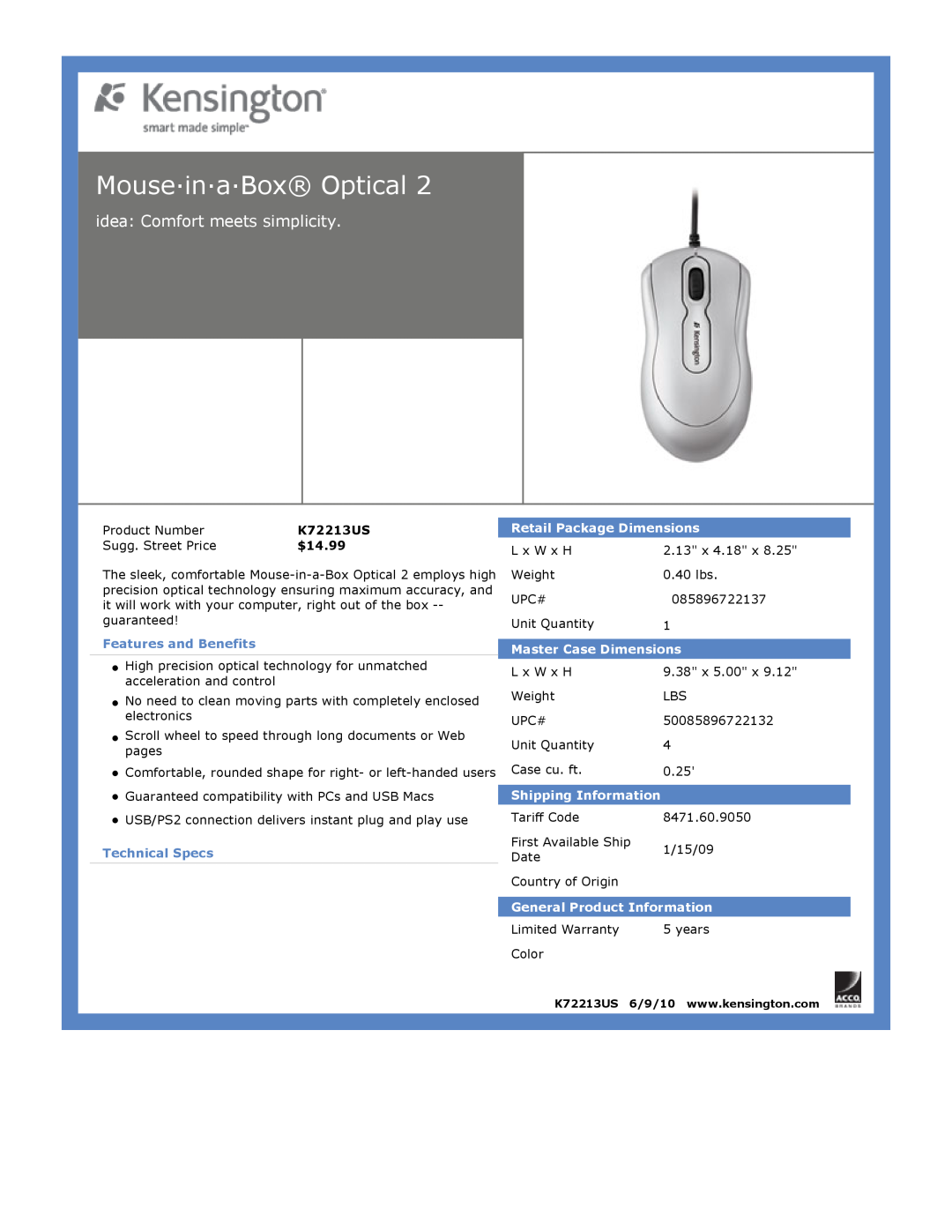 Kensington EU64325 Mouse·in·a·Box Optical, idea: Comfort meets simplicity, $14.99, Features and Benefits, Technical Specs 