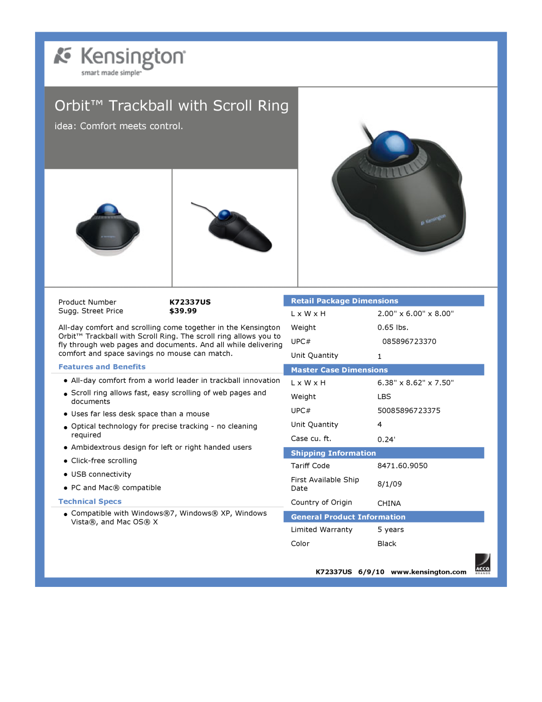 Kensington EU64325 dimensions Orbit Trackball with Scroll Ring, idea: Comfort meets control, $39.99, Features and Benefits 