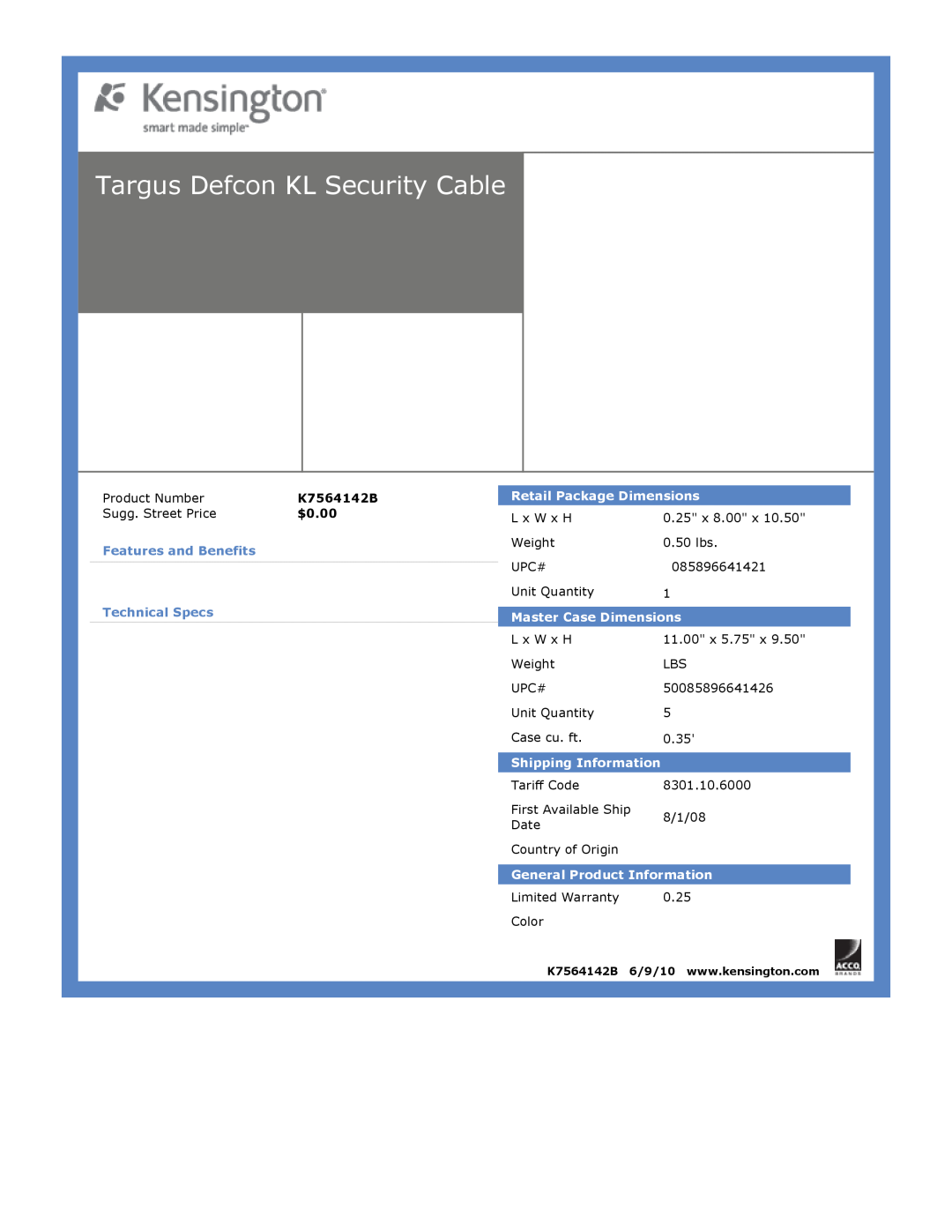Kensington EU64325 Targus Defcon KL Security Cable, $0.00, Features and Benefits Technical Specs, Master Case Dimensions 