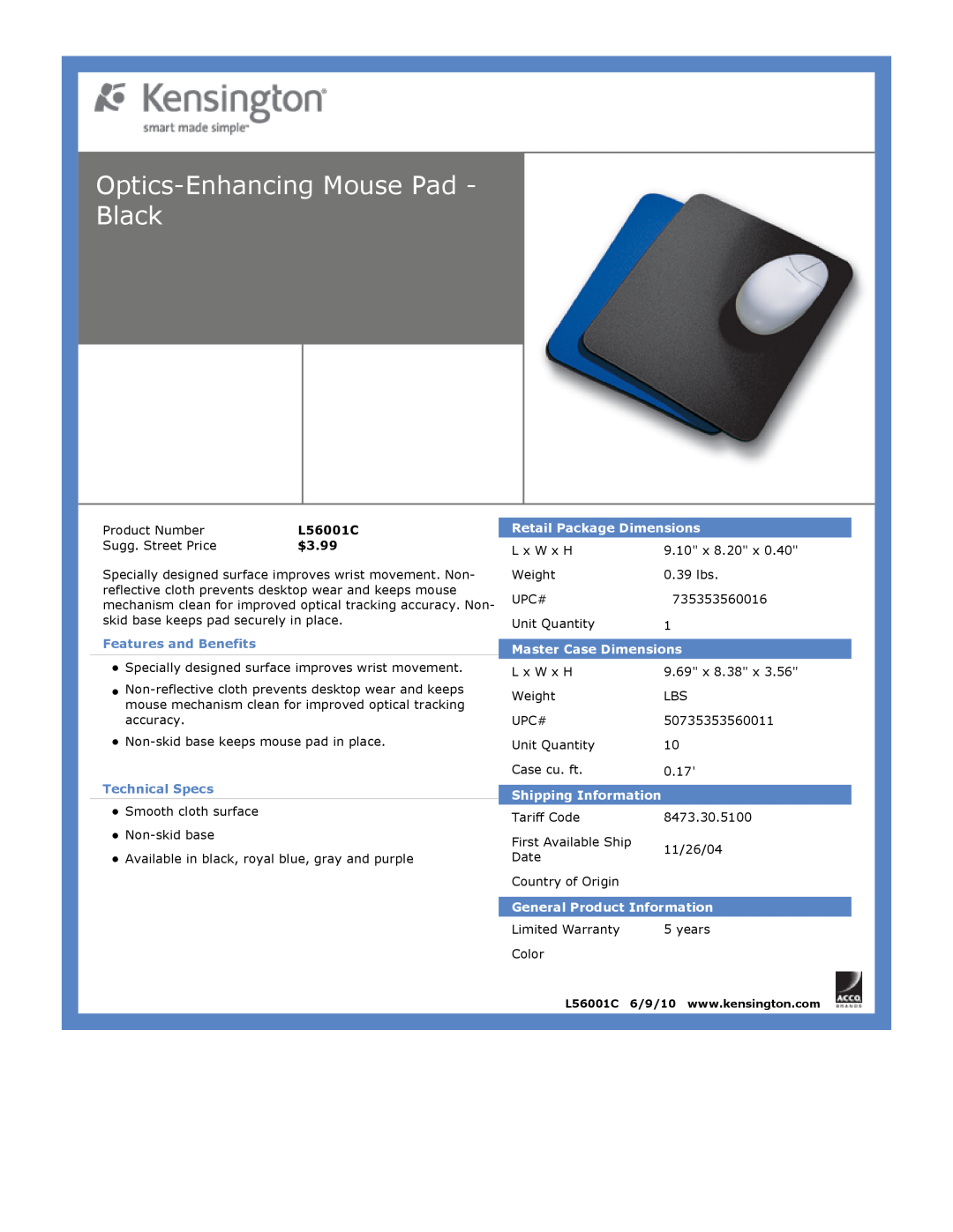 Kensington EU64325 dimensions Optics-EnhancingMouse Pad - Black, $3.99, Features and Benefits, Technical Specs 