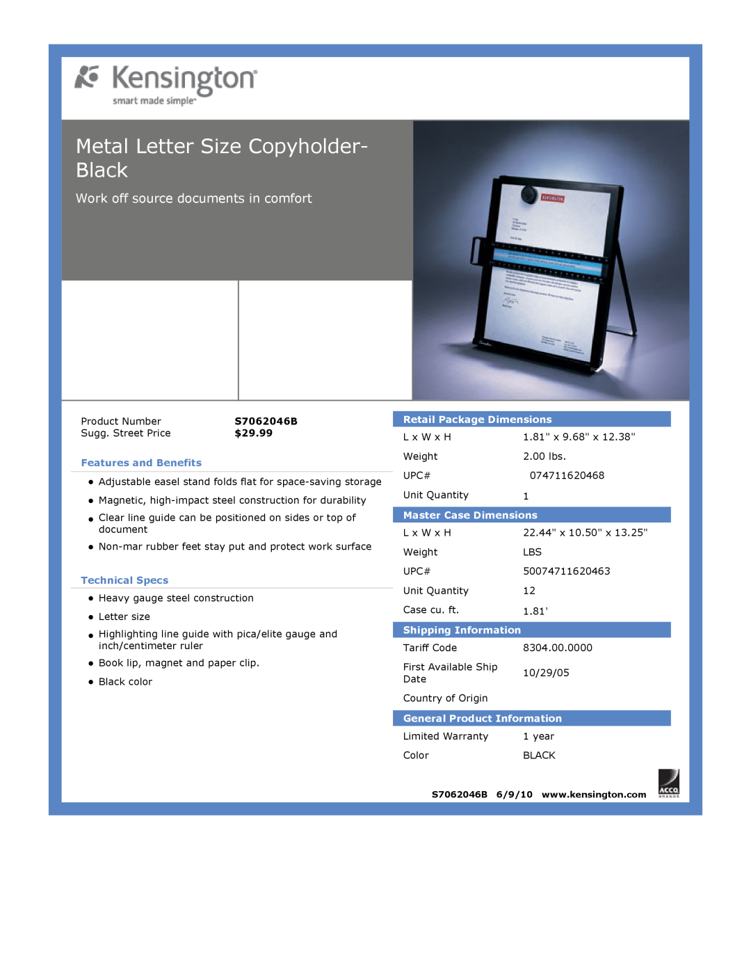 Kensington EU64325 Metal Letter Size Copyholder- Black, Work off source documents in comfort, $29.99, Technical Specs 