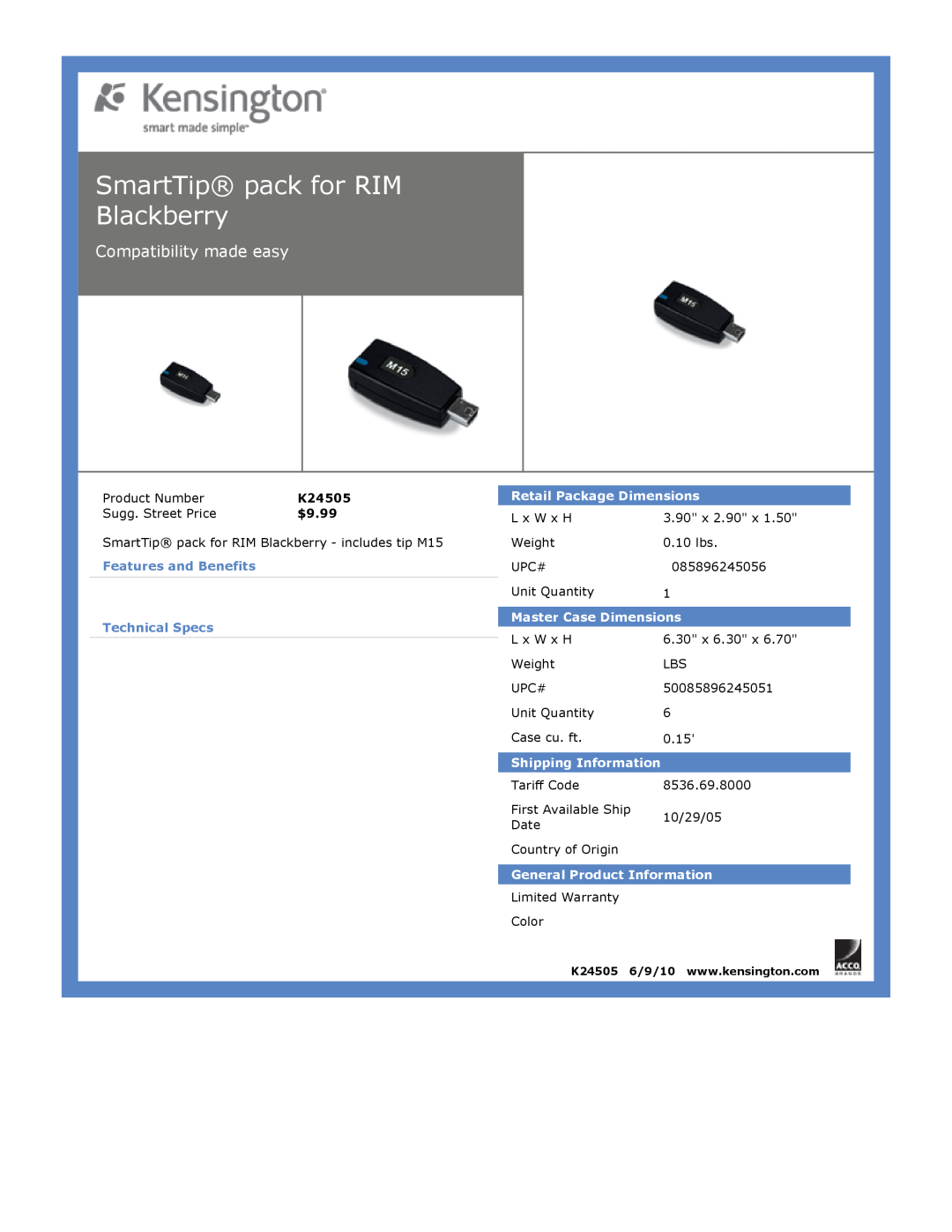 Kensington EU64325 SmartTip pack for RIM Blackberry, Compatibility made easy, $9.99, Features and Benefits Technical Specs 