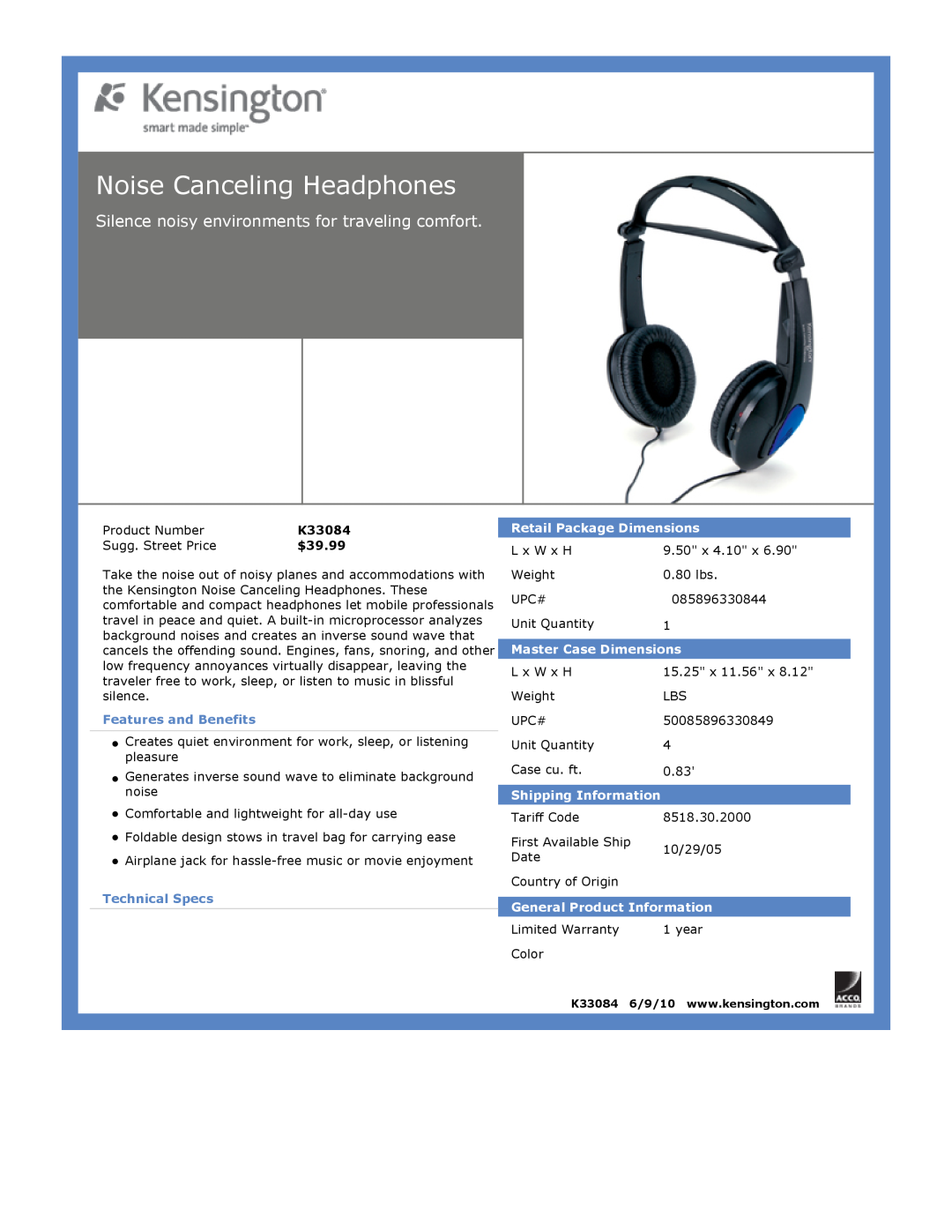 Kensington EU64325 Noise Canceling Headphones, Silence noisy environments for traveling comfort, $39.99, Technical Specs 