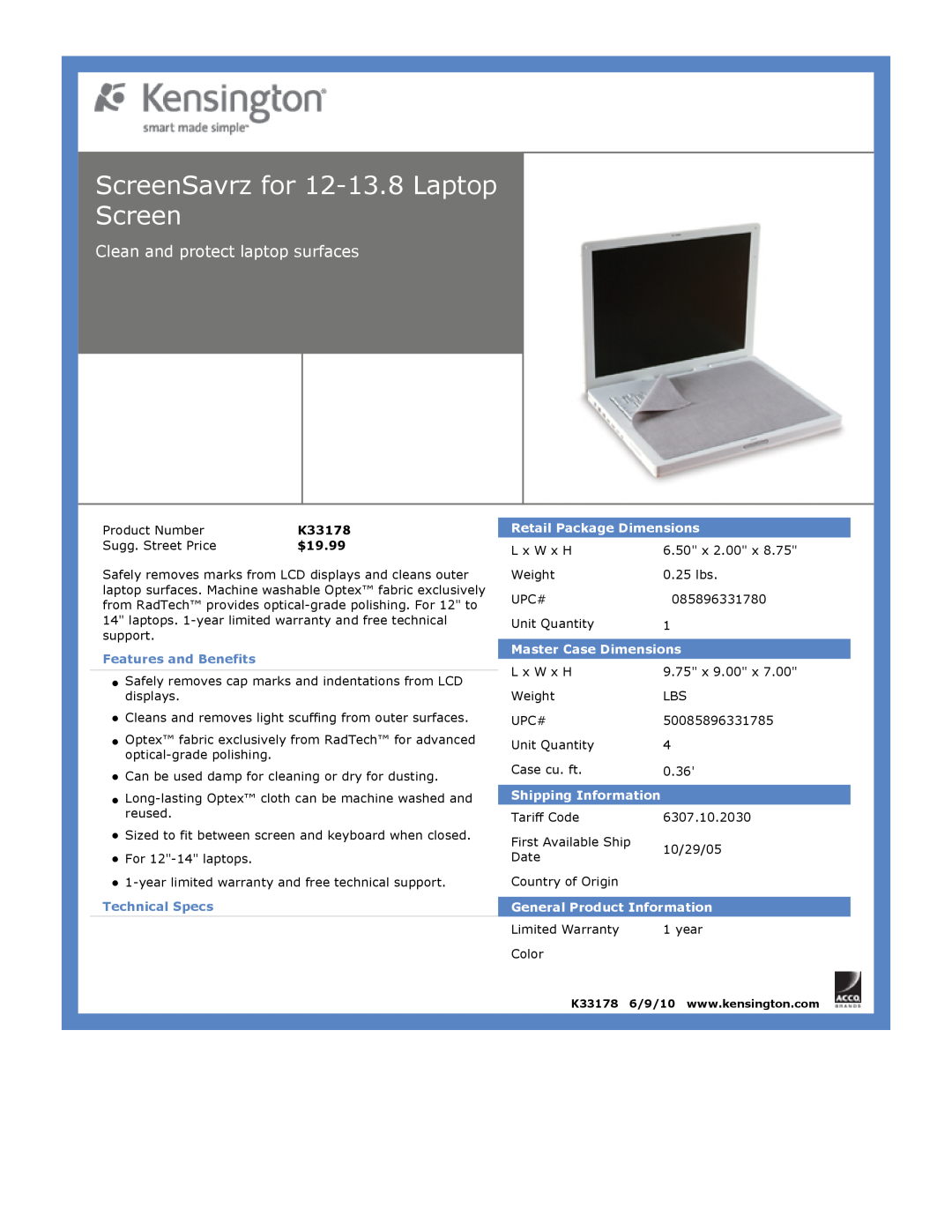 Kensington EU64325 ScreenSavrz for 12-13.8Laptop Screen, Clean and protect laptop surfaces, $19.99, Features and Benefits 