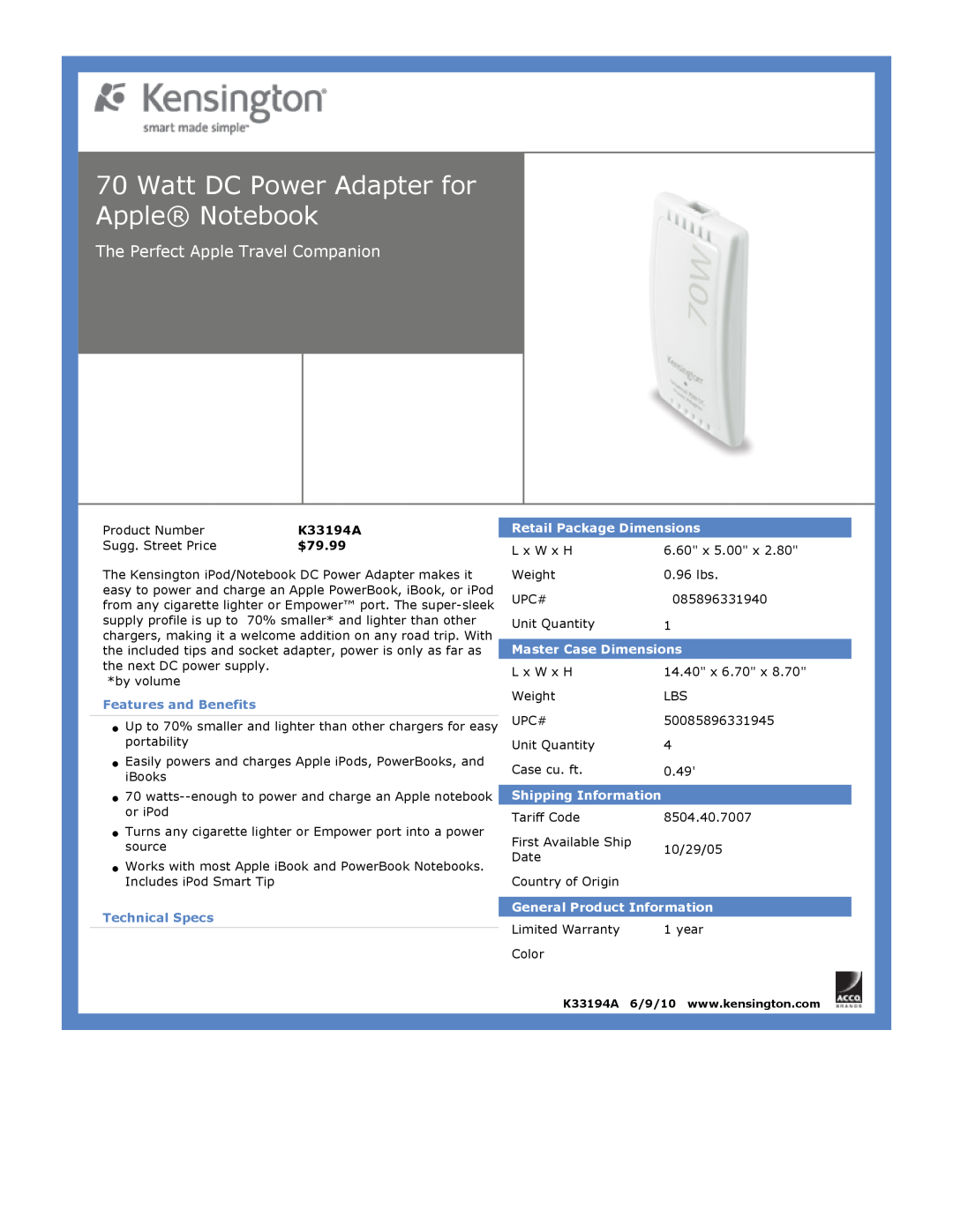 Kensington EU64325 Watt DC Power Adapter for Apple Notebook, The Perfect Apple Travel Companion, $79.99, Technical Specs 