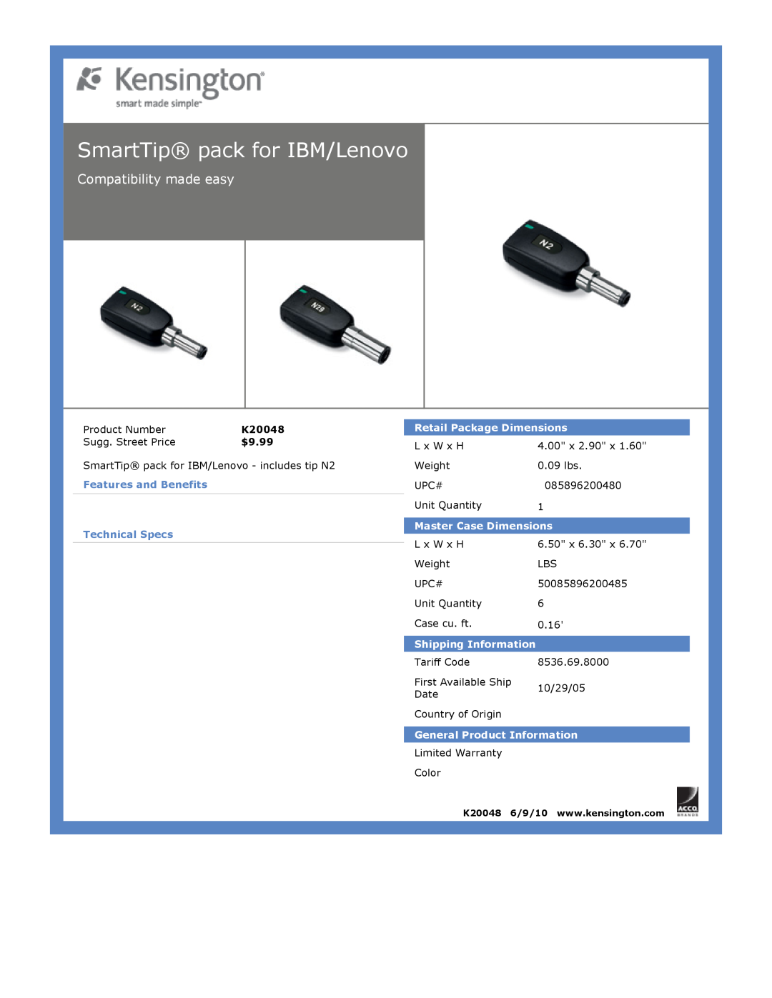 Kensington EU64325 SmartTip pack for IBM/Lenovo, Compatibility made easy, $9.99, Features and Benefits Technical Specs 