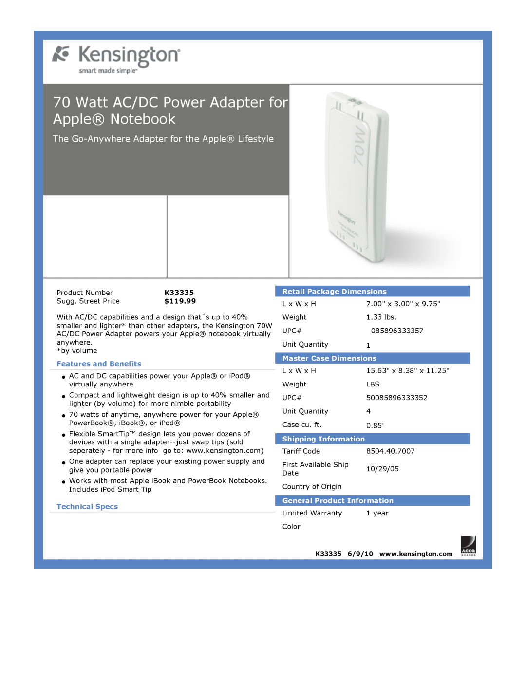 Kensington EU64325 Watt AC/DC Power Adapter for Apple Notebook, The Go-AnywhereAdapter for the Apple Lifestyle, K33335 