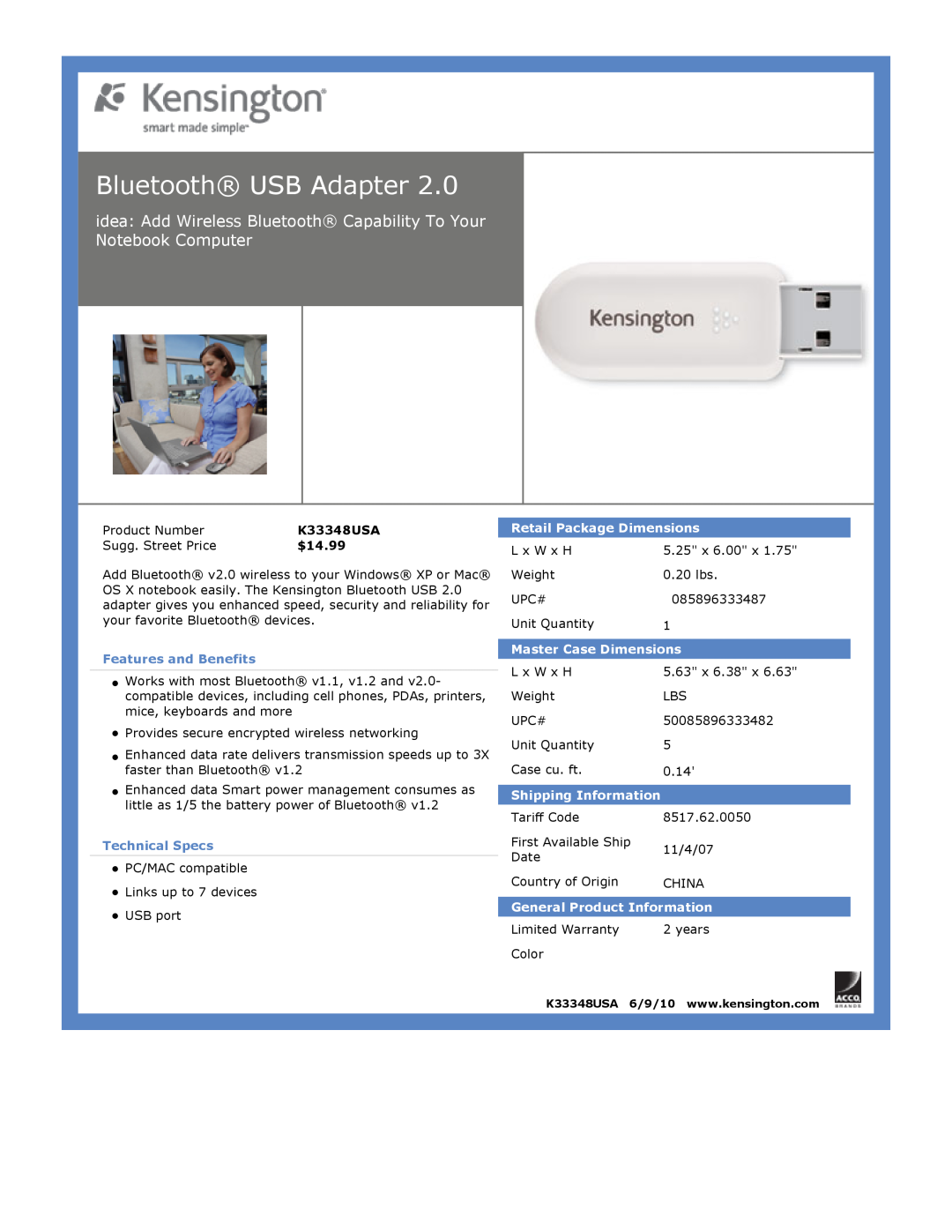 Kensington EU64325 Bluetooth USB Adapter, $14.99, Features and Benefits, Technical Specs, Retail Package Dimensions 