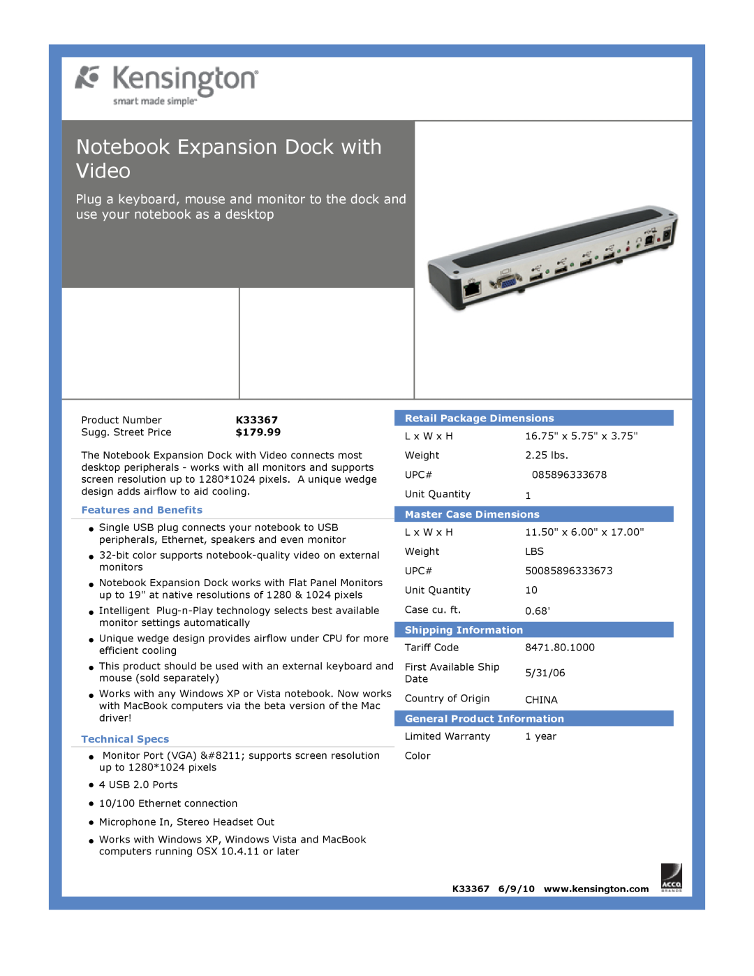 Kensington EU64325 dimensions Notebook Expansion Dock with Video, K33367, Features and Benefits, Technical Specs 