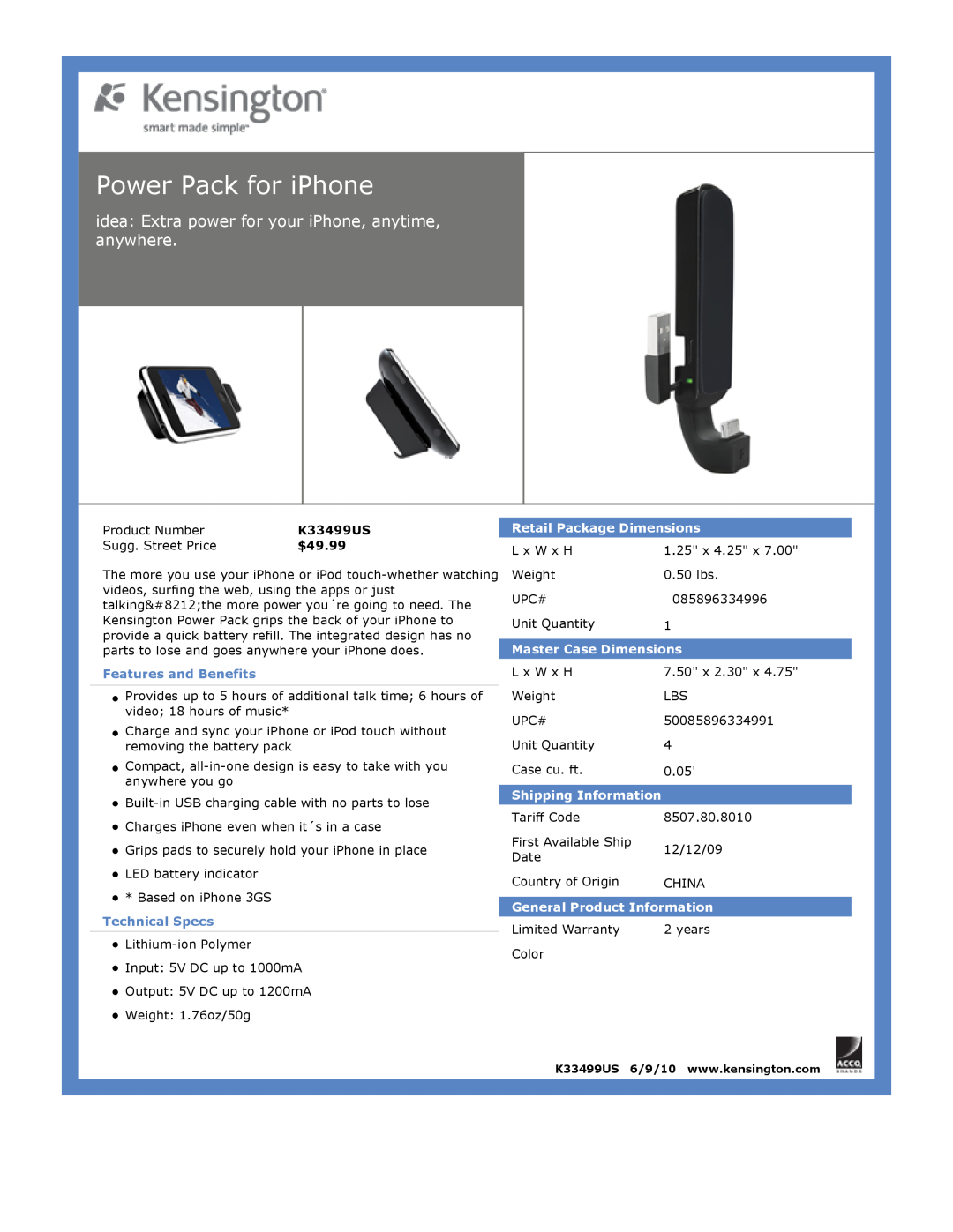 Kensington EU64325 Power Pack for iPhone, $49.99, Features and Benefits, Technical Specs, Retail Package Dimensions 