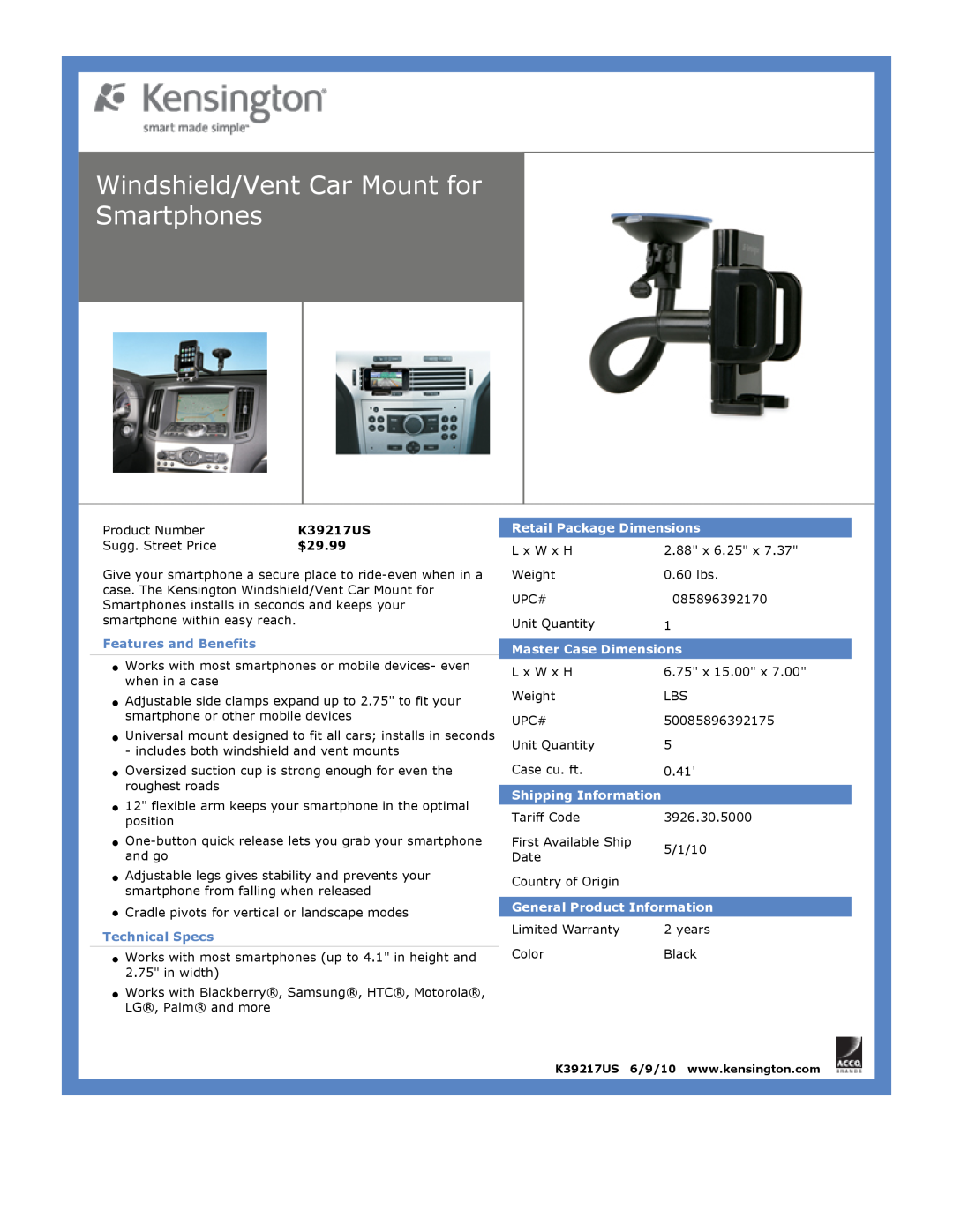 Kensington EU64325 dimensions Windshield/Vent Car Mount for Smartphones, $29.99, Features and Benefits, Technical Specs 