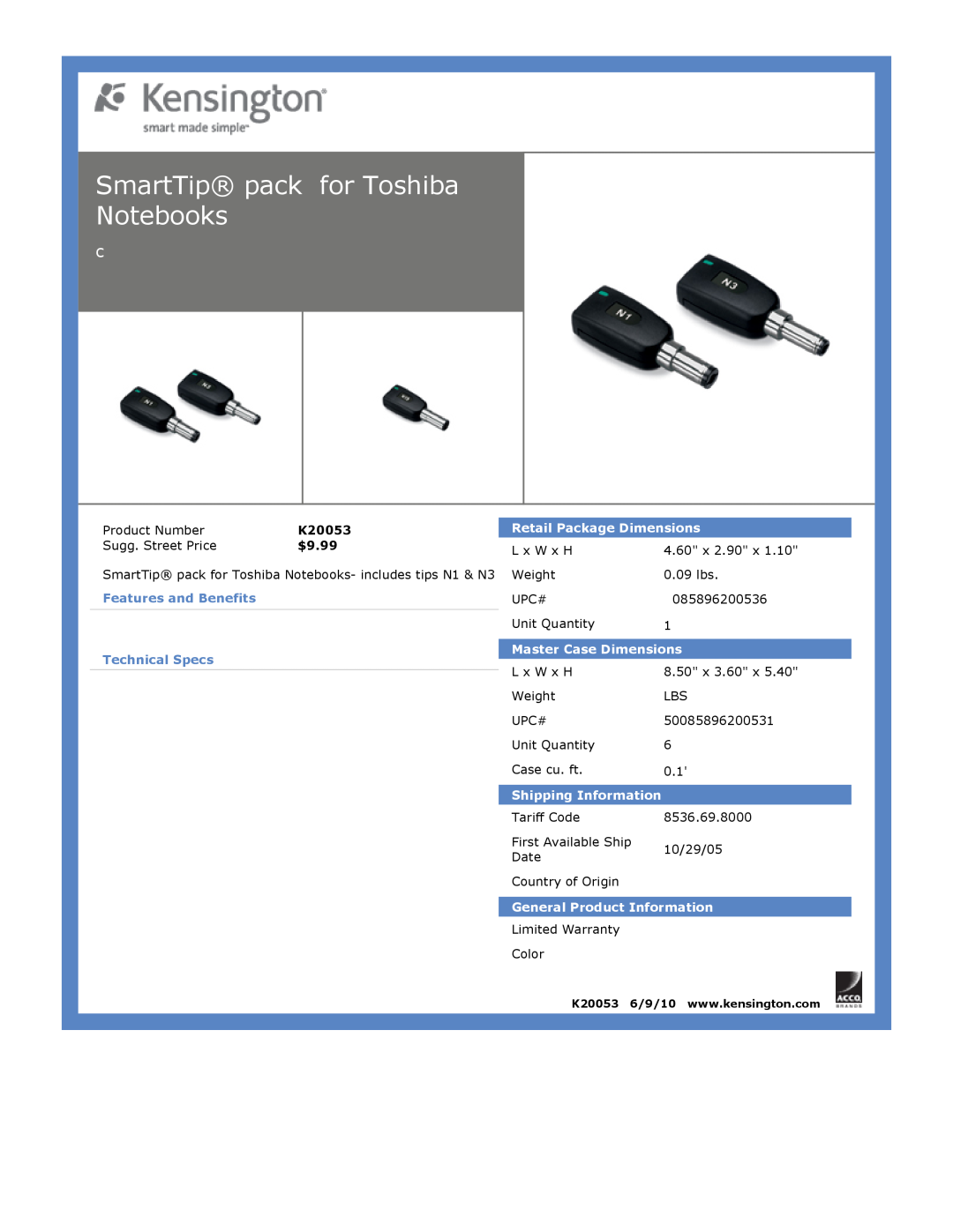 Kensington EU64325 dimensions SmartTip pack for Toshiba Notebooks, $9.99, Features and Benefits Technical Specs 