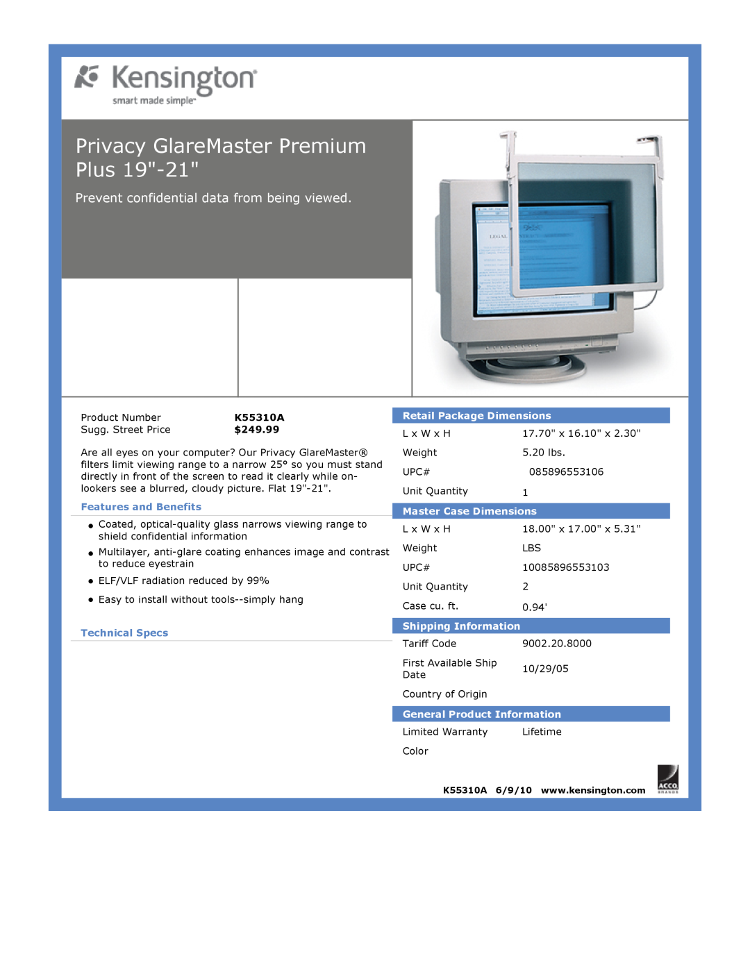 Kensington EU64325 Privacy GlareMaster Premium Plus, $249.99, Prevent confidential data from being viewed, Technical Specs 