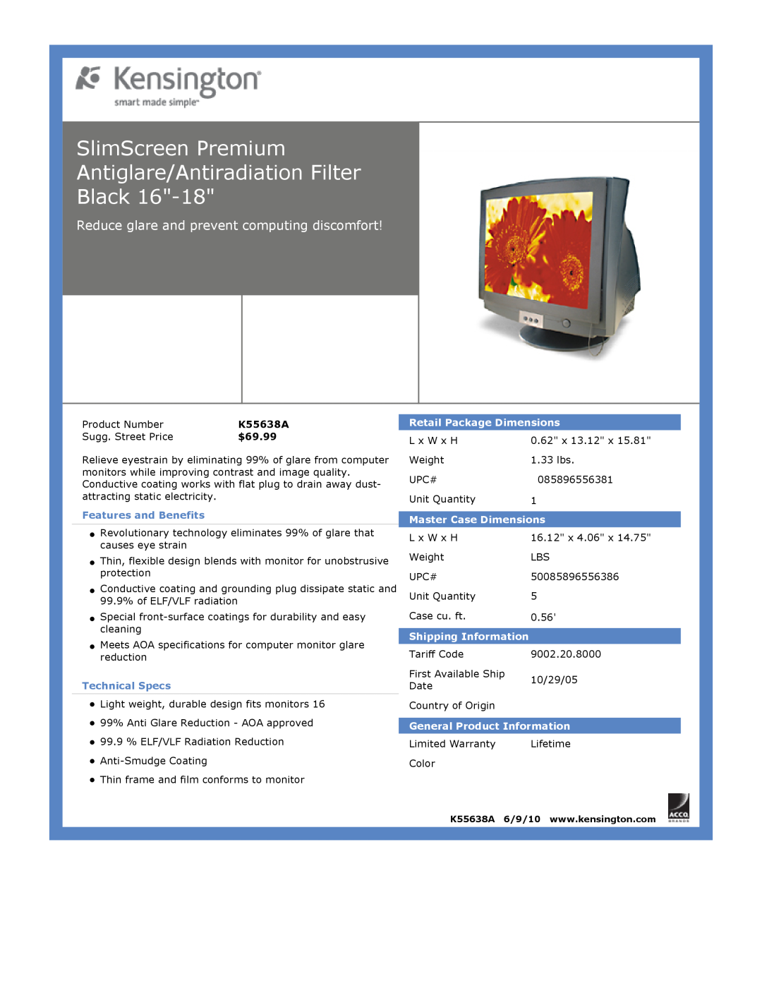 Kensington EU64325 SlimScreen Premium Antiglare/Antiradiation Filter, Black, Reduce glare and prevent computing discomfort 