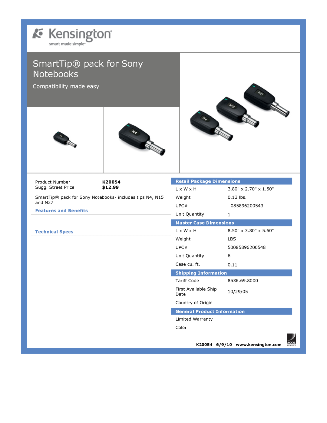 Kensington EU64325 dimensions SmartTip pack for Sony Notebooks, Compatibility made easy, $12.99, Retail Package Dimensions 