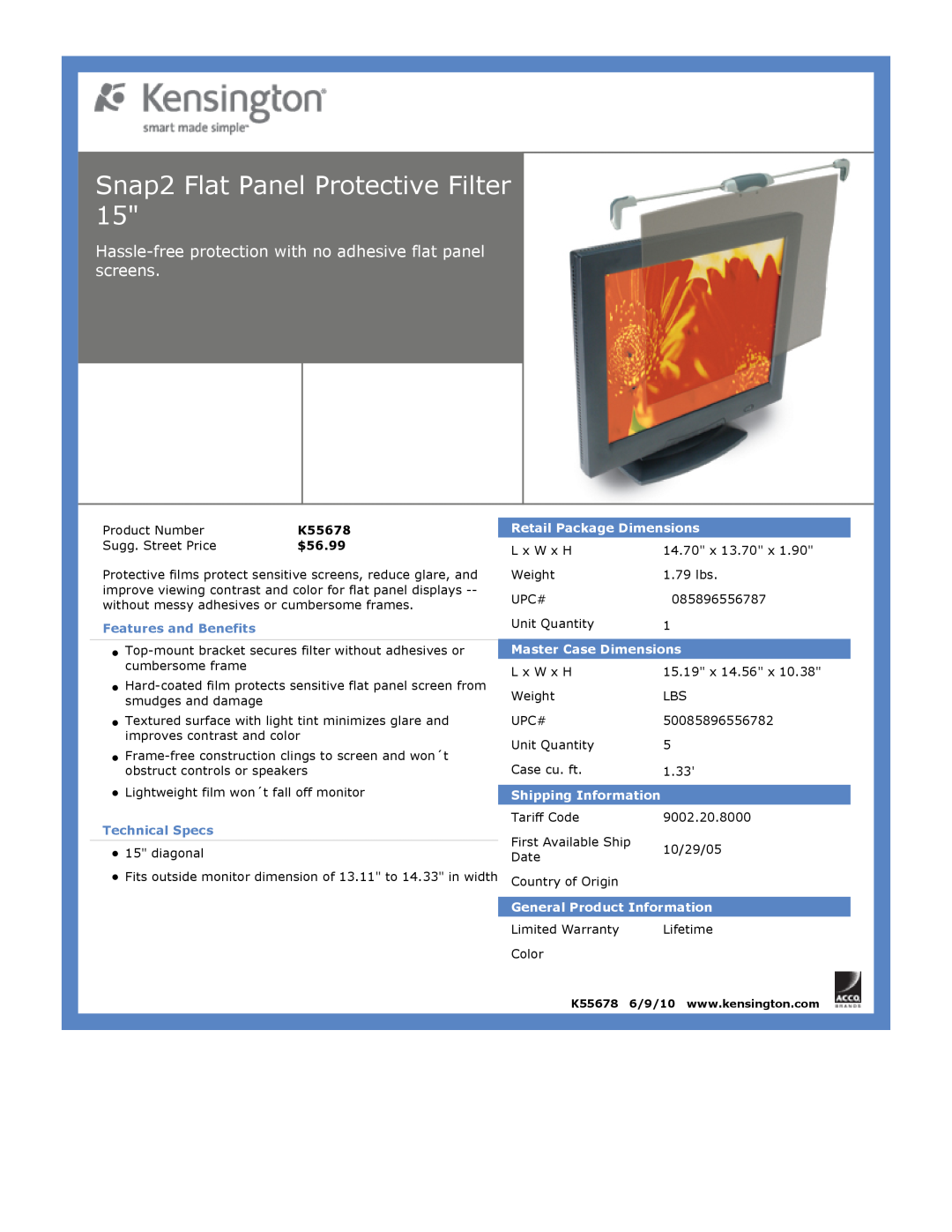Kensington EU64325 dimensions Snap2 Flat Panel Protective Filter, $56.99, Features and Benefits, Technical Specs 