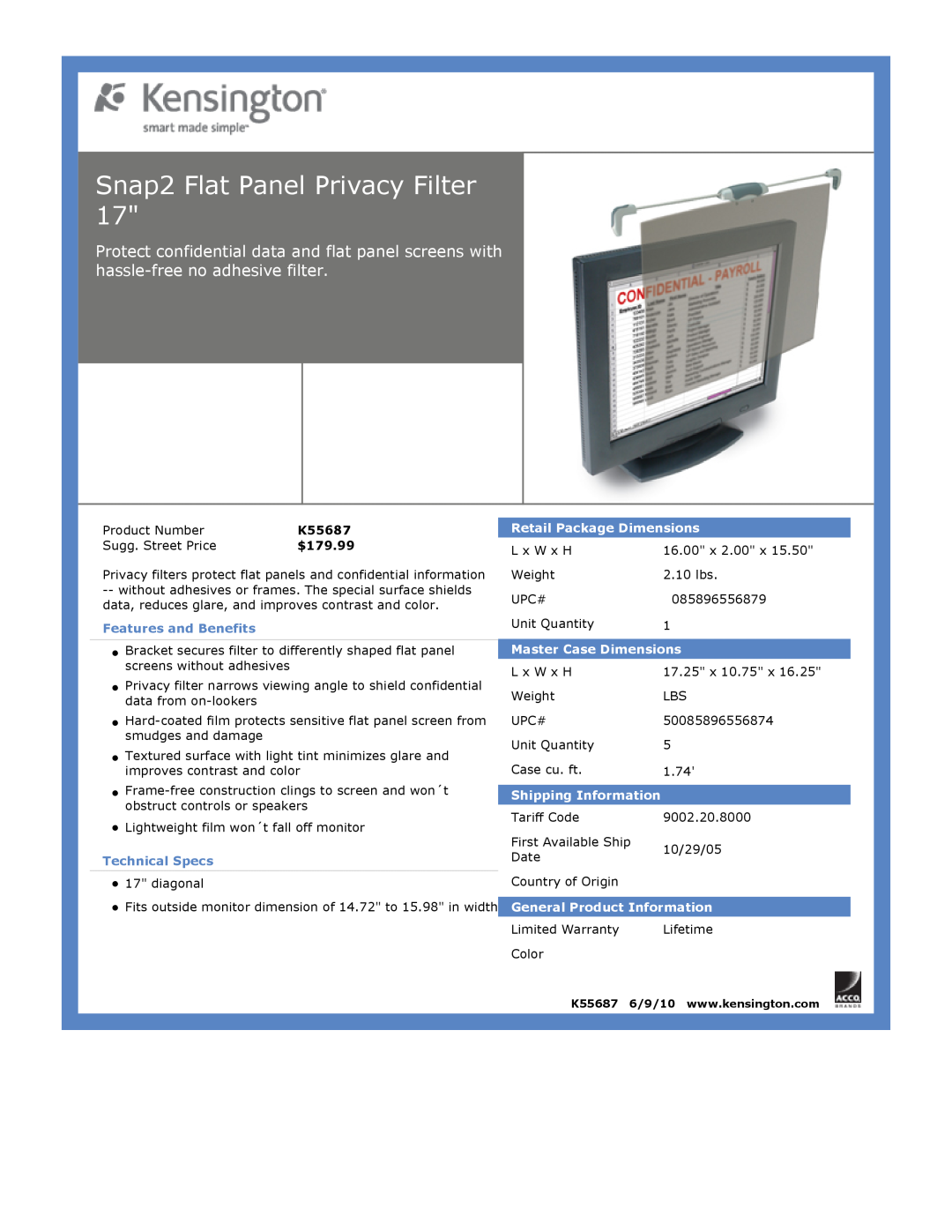 Kensington EU64325 Snap2 Flat Panel Privacy Filter, K55687, Features and Benefits, Technical Specs, Master Case Dimensions 