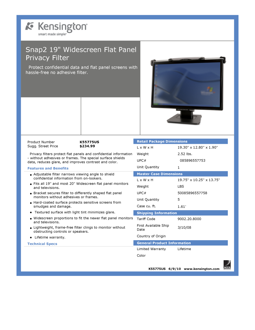 Kensington EU64325 Snap2 19 Widescreen Flat Panel Privacy Filter, $234.99, Features and Benefits, Technical Specs 