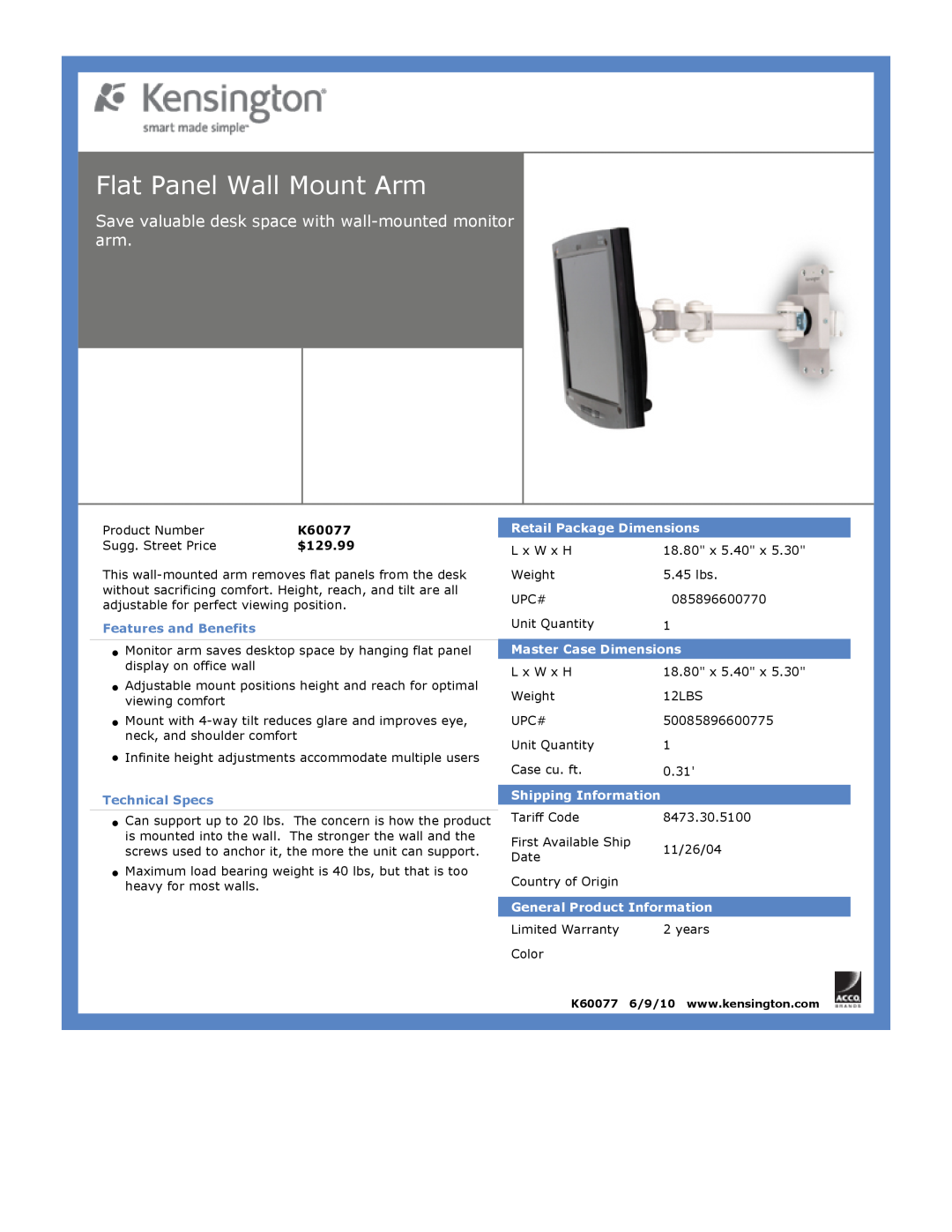 Kensington EU64325 Flat Panel Wall Mount Arm, K60077, Features and Benefits, Technical Specs, Retail Package Dimensions 
