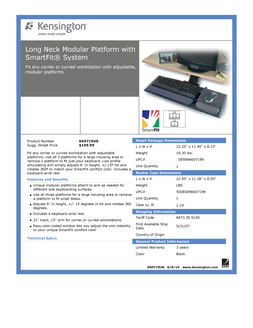 Kensington EU64325 Long Neck Modular Platform with SmartFit System, $199.99, Features and Benefits, Technical Specs 