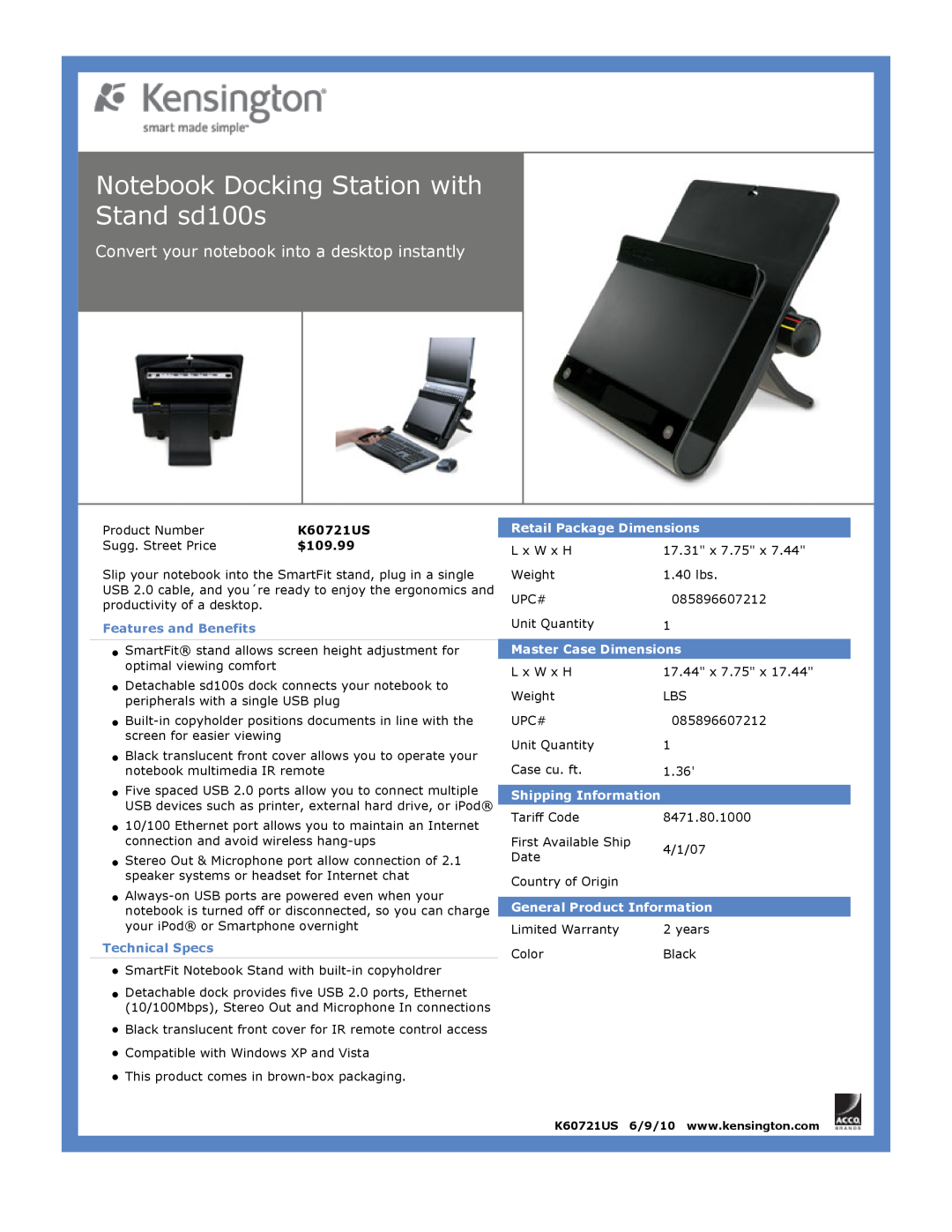 Kensington EU64325 Notebook Docking Station with Stand sd100s, Convert your notebook into a desktop instantly, $109.99 