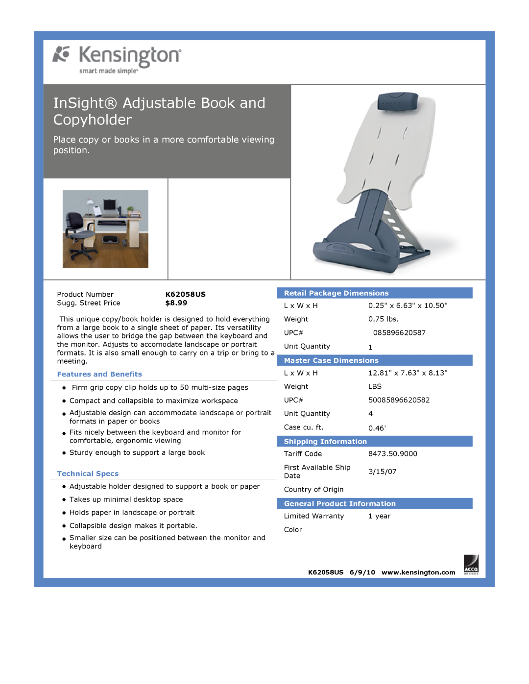 Kensington EU64325 dimensions InSight Adjustable Book and Copyholder, $8.99, Features and Benefits, Technical Specs 