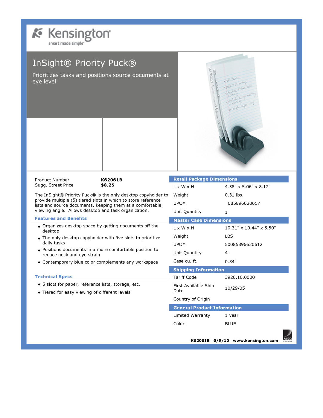 Kensington EU64325 InSight Priority Puck, $8.25, Features and Benefits, Technical Specs, Retail Package Dimensions 