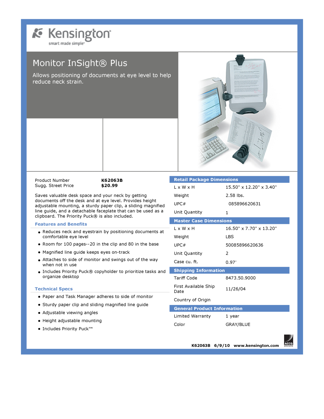 Kensington EU64325 Monitor InSight Plus, $20.99, Features and Benefits, Technical Specs, Retail Package Dimensions 