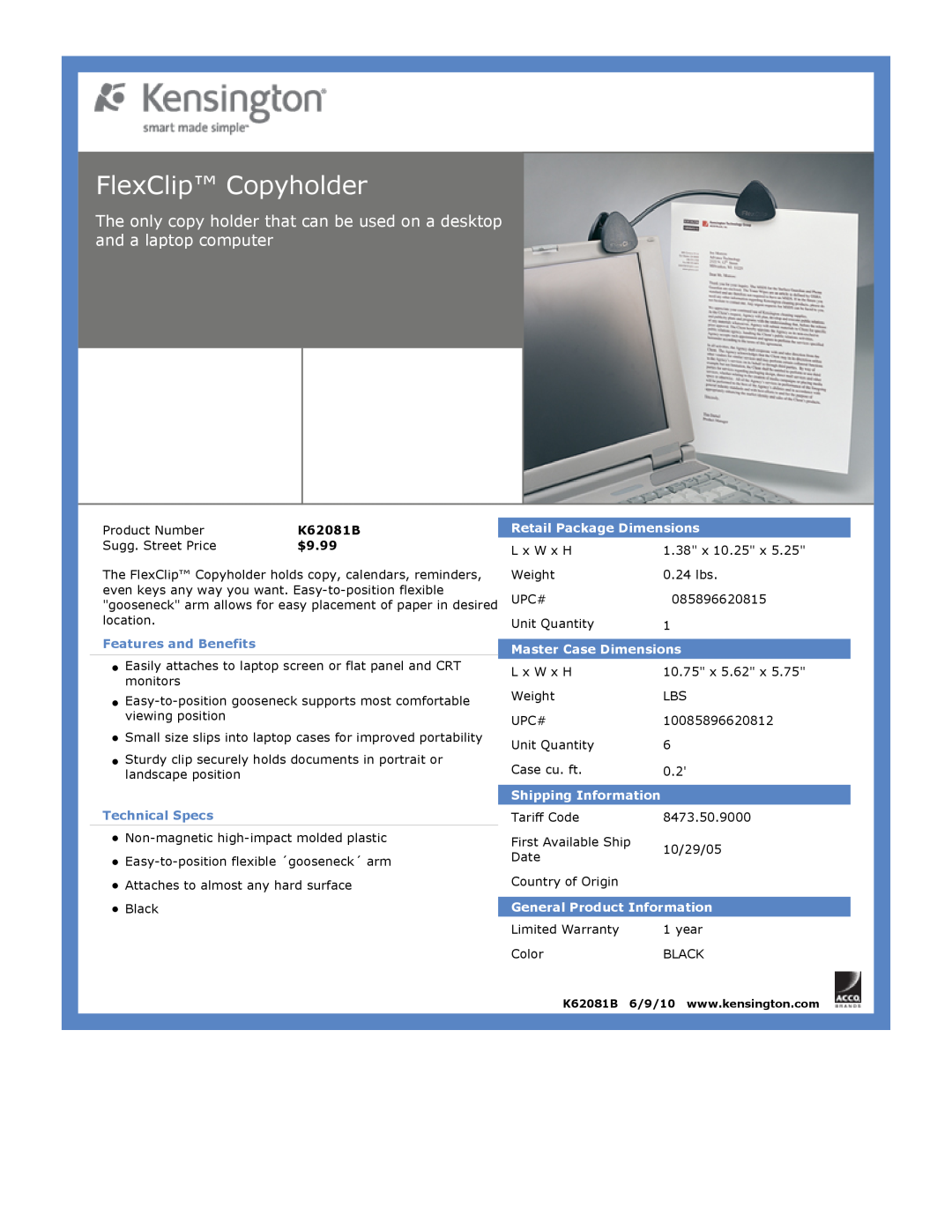 Kensington EU64325 dimensions FlexClip Copyholder, $9.99, Features and Benefits, Technical Specs, Retail Package Dimensions 