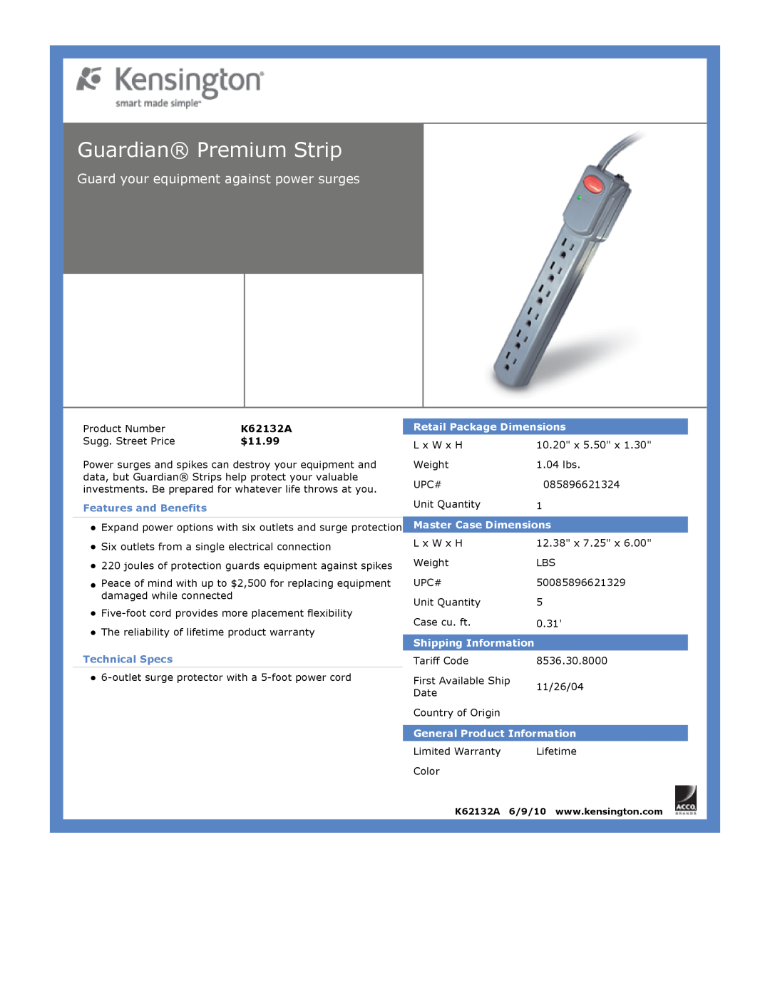 Kensington EU64325 Guardian Premium Strip, Guard your equipment against power surges, $11.99, Features and Benefits 