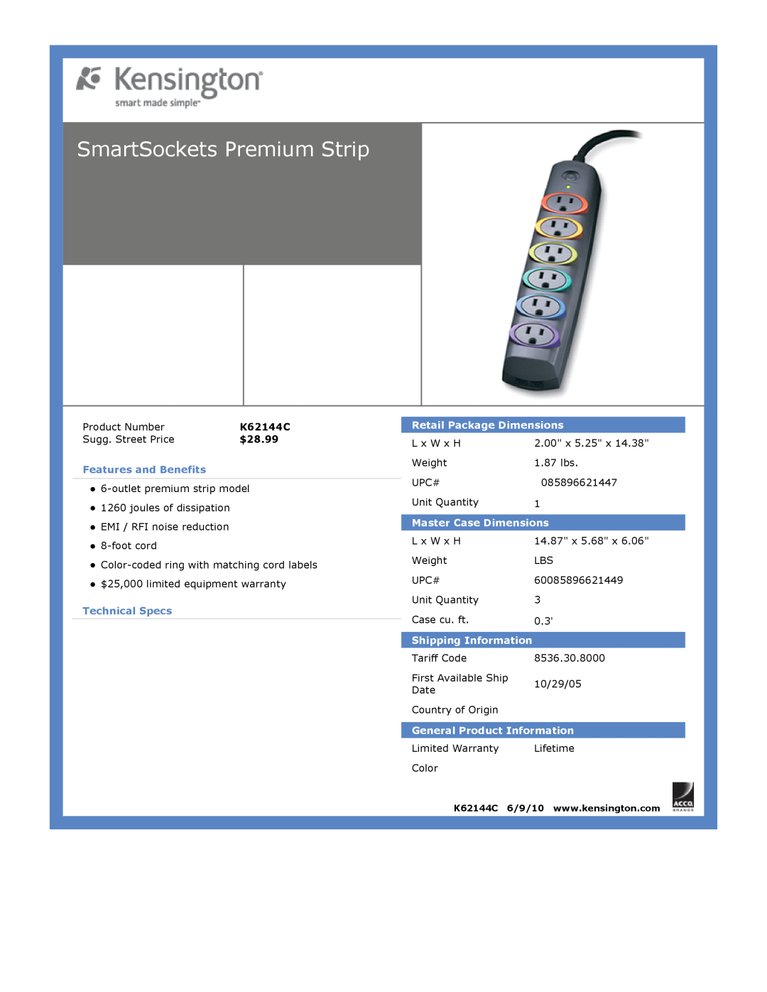 Kensington EU64325 SmartSockets Premium Strip, $28.99, Features and Benefits, Technical Specs, Retail Package Dimensions 