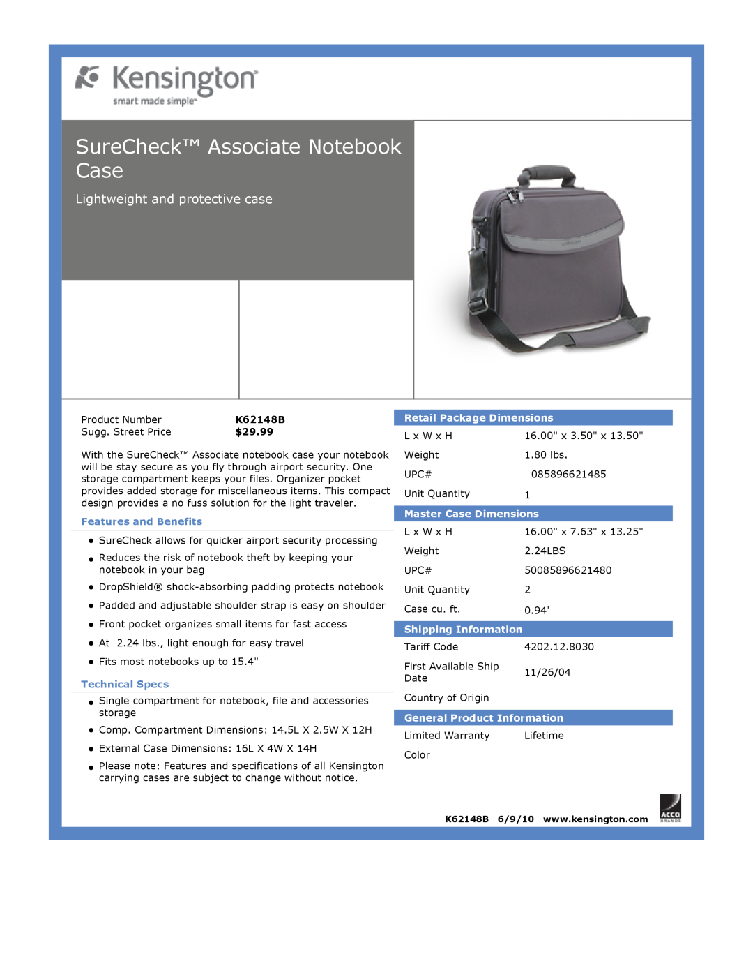 Kensington EU64325 SureCheck Associate Notebook Case, Lightweight and protective case, $29.99, Features and Benefits 