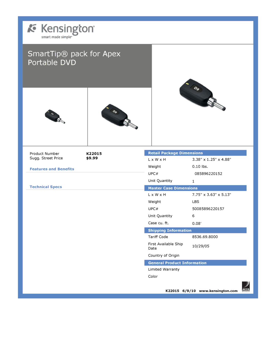 Kensington EU64325 dimensions SmartTip pack for Apex Portable DVD 