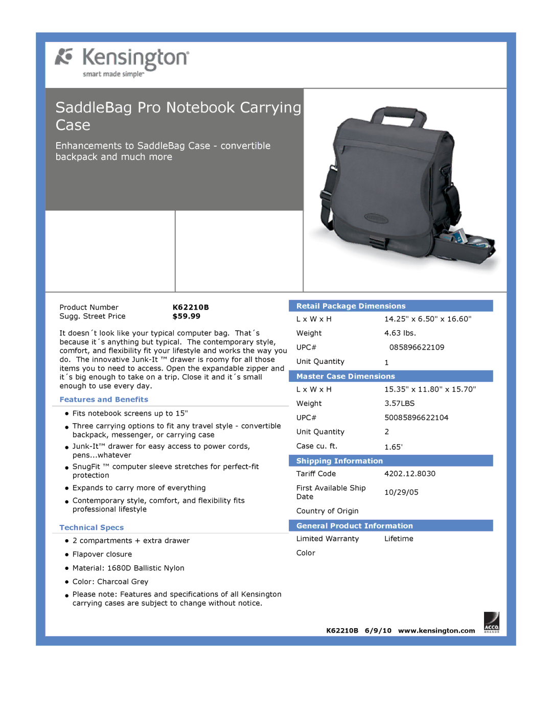 Kensington EU64325 dimensions SaddleBag Pro Notebook Carrying Case, $59.99 