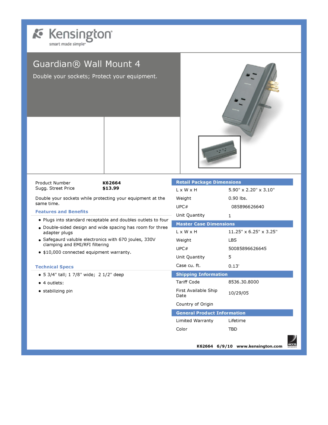 Kensington EU64325 dimensions Guardian Wall Mount, Double your sockets Protect your equipment, $13.99 