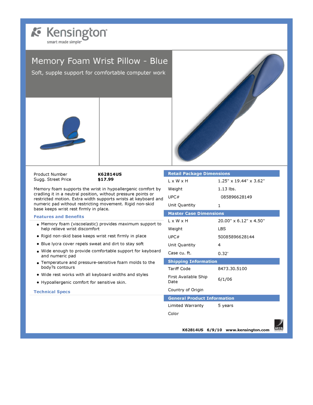 Kensington EU64325 dimensions Memory Foam Wrist Pillow Blue 