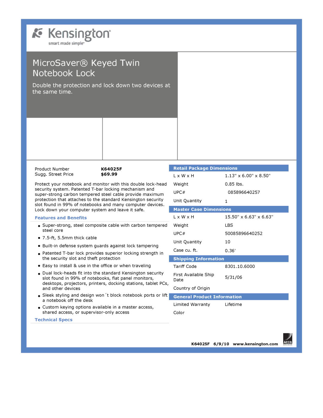 Kensington EU64325 dimensions MicroSaver Keyed Twin Notebook Lock, $69.99 