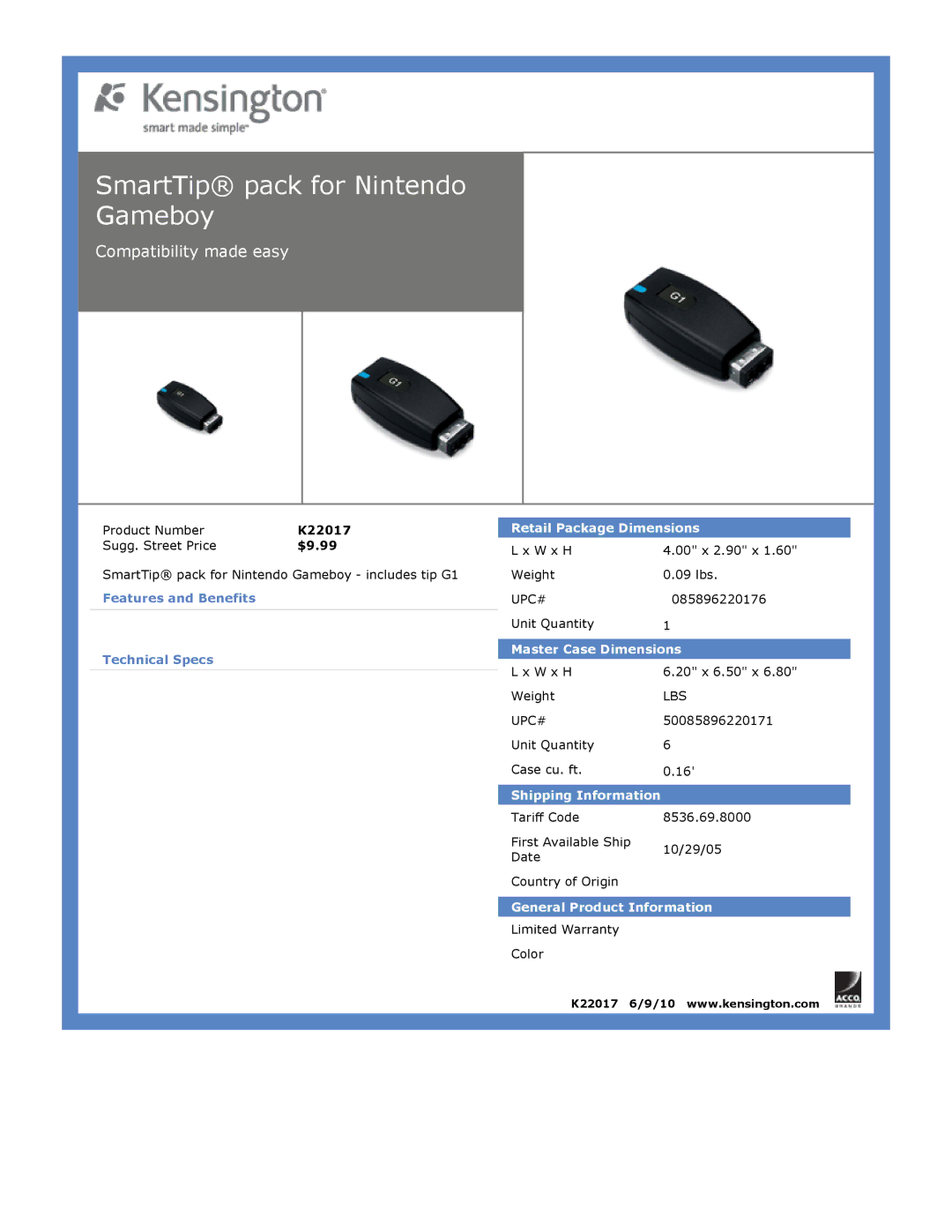 Kensington EU64325 dimensions SmartTip pack for Nintendo Gameboy 