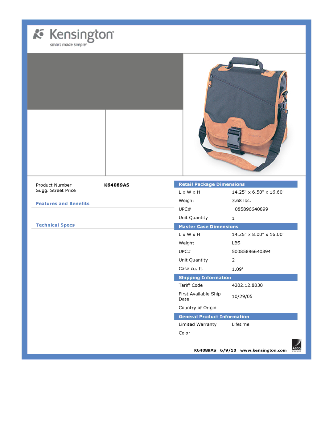 Kensington EU64325 dimensions K64089AS 