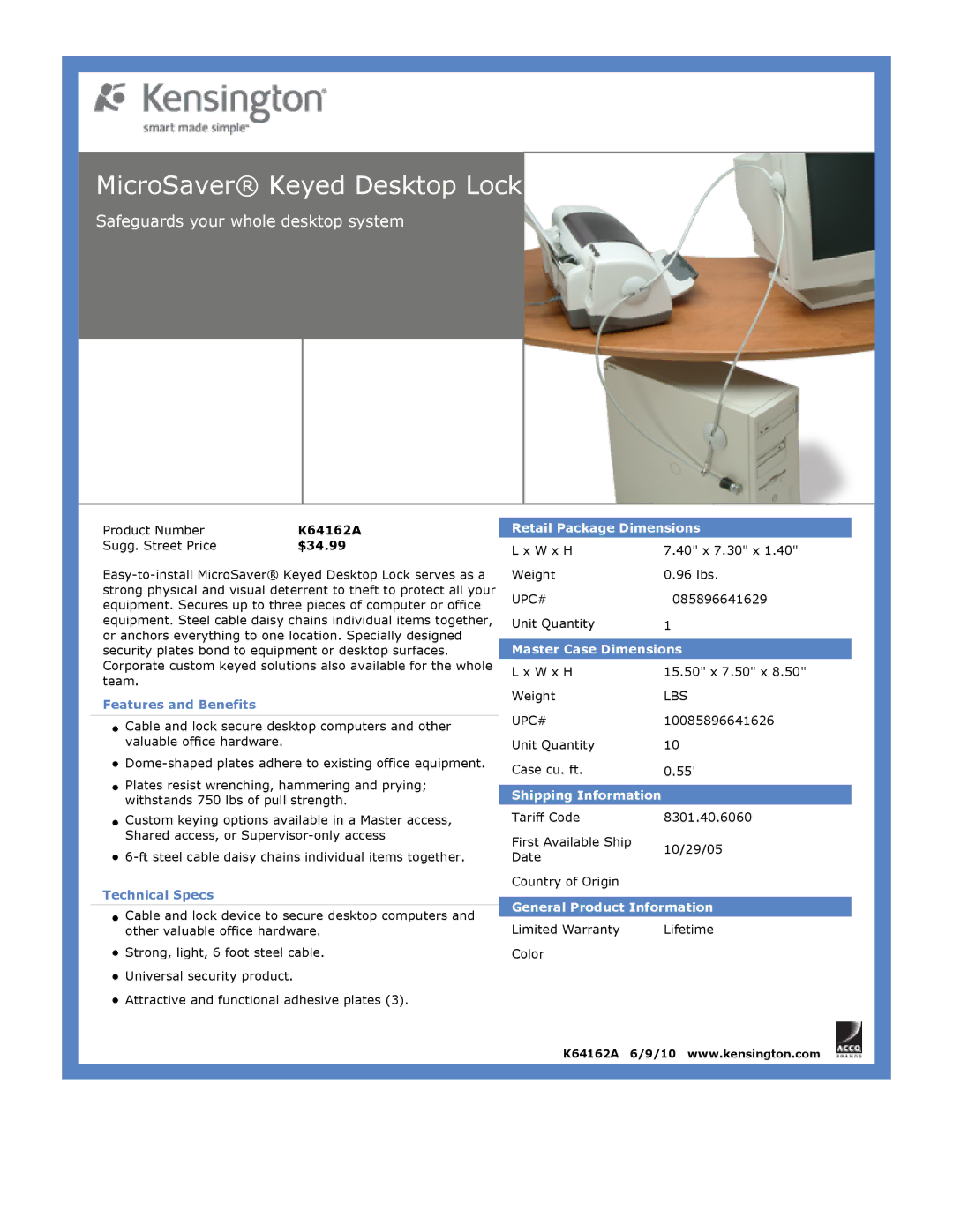 Kensington EU64325 dimensions MicroSaver Keyed Desktop Lock, Safeguards your whole desktop system, $34.99 