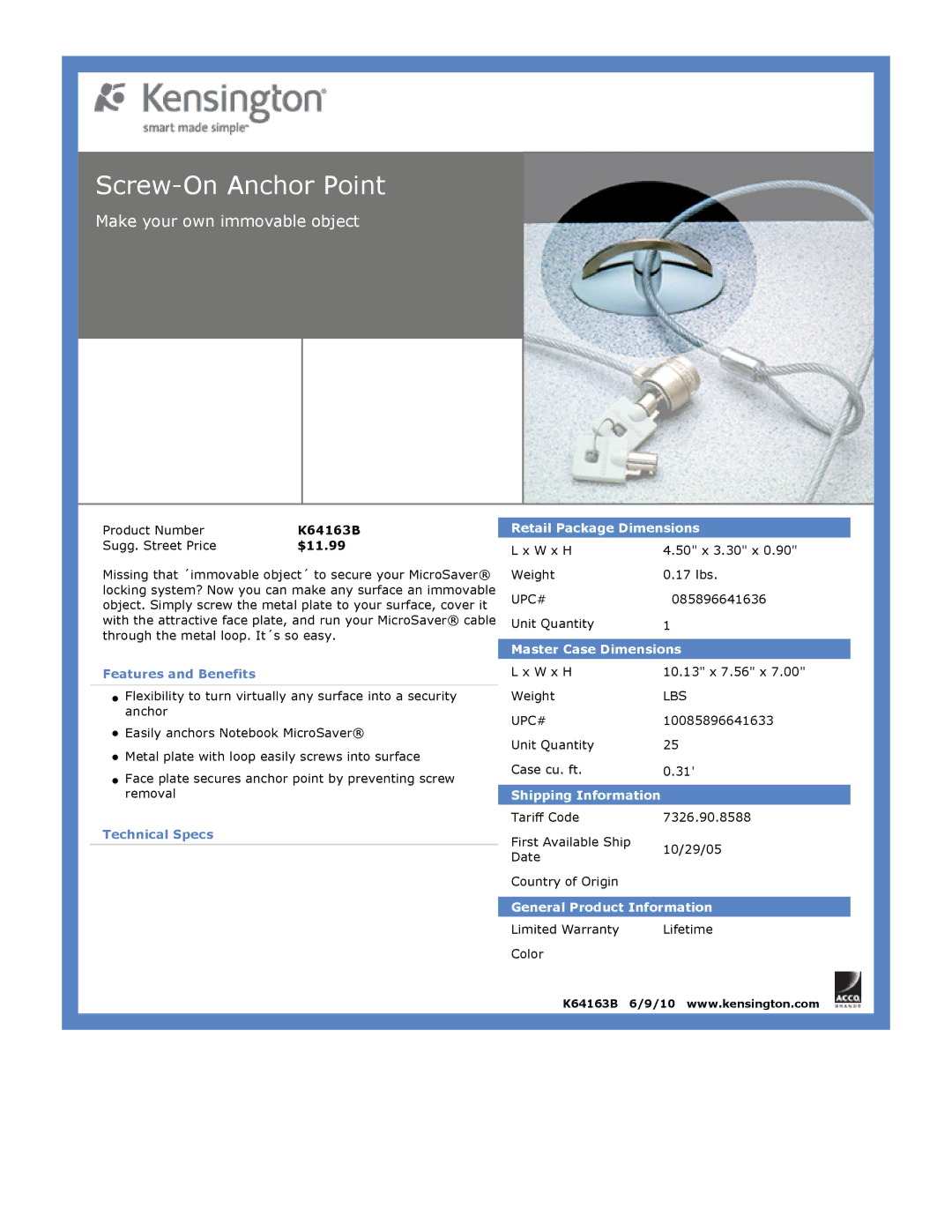 Kensington EU64325 dimensions Screw-On Anchor Point, Make your own immovable object 