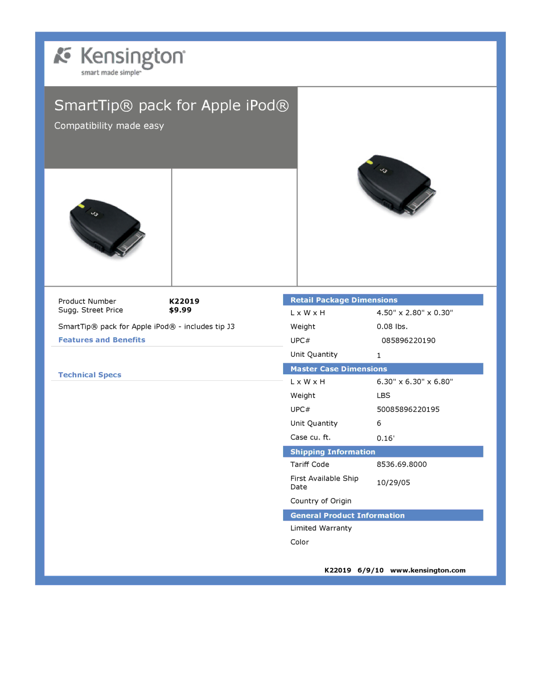 Kensington EU64325 dimensions SmartTip pack for Apple iPod 