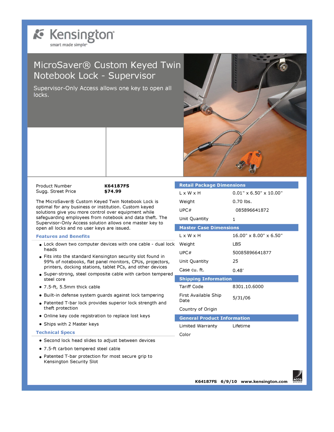 Kensington EU64325 dimensions MicroSaver Custom Keyed Twin Notebook Lock Supervisor 