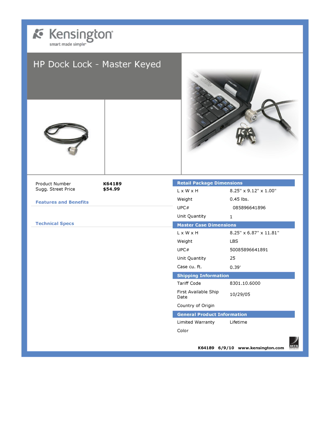 Kensington EU64325 dimensions HP Dock Lock Master Keyed, $54.99 