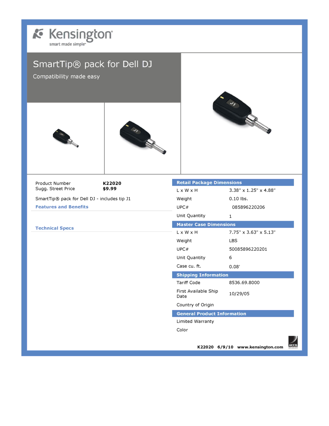 Kensington EU64325 dimensions SmartTip pack for Dell DJ 