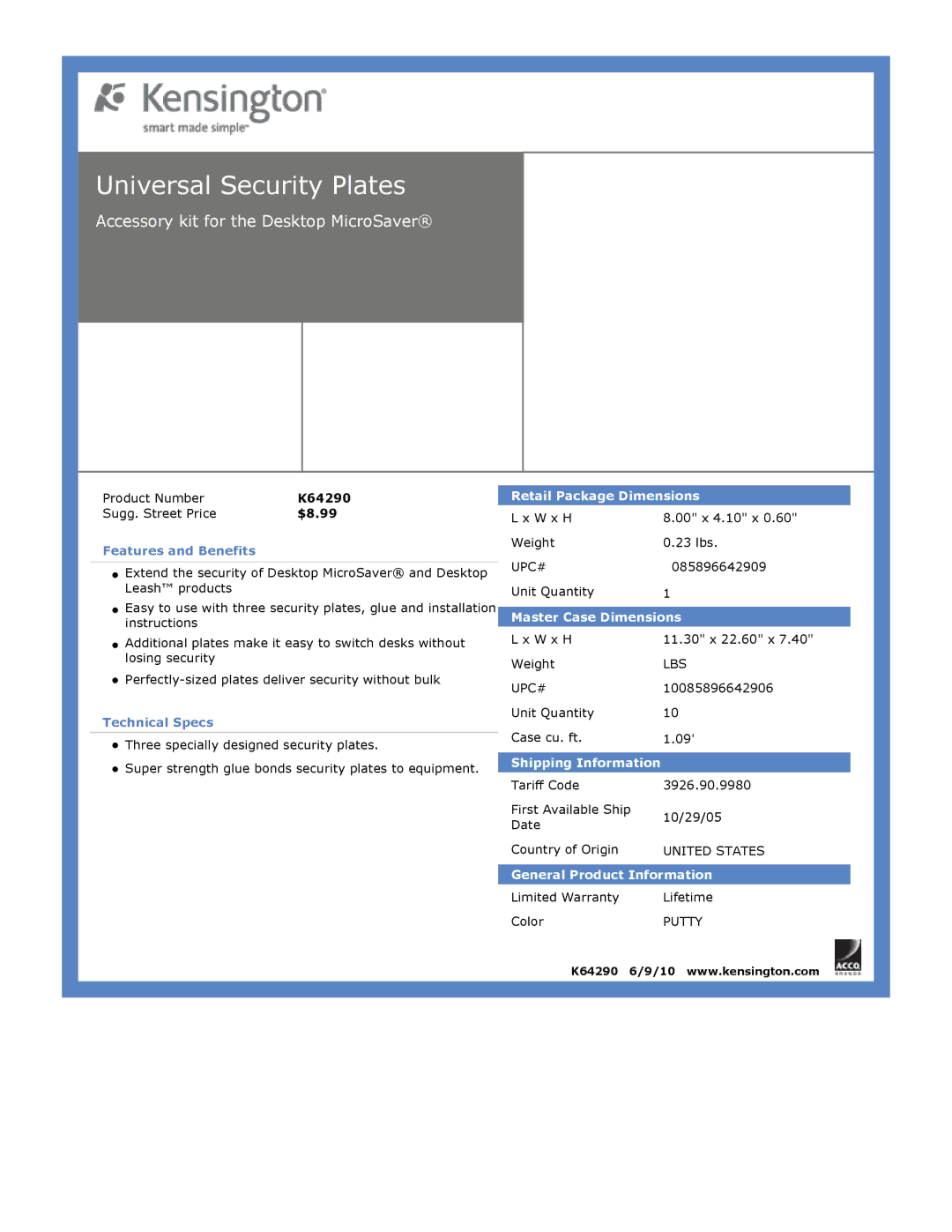 Kensington EU64325 dimensions Universal Security Plates, Accessory kit for the Desktop MicroSaver 