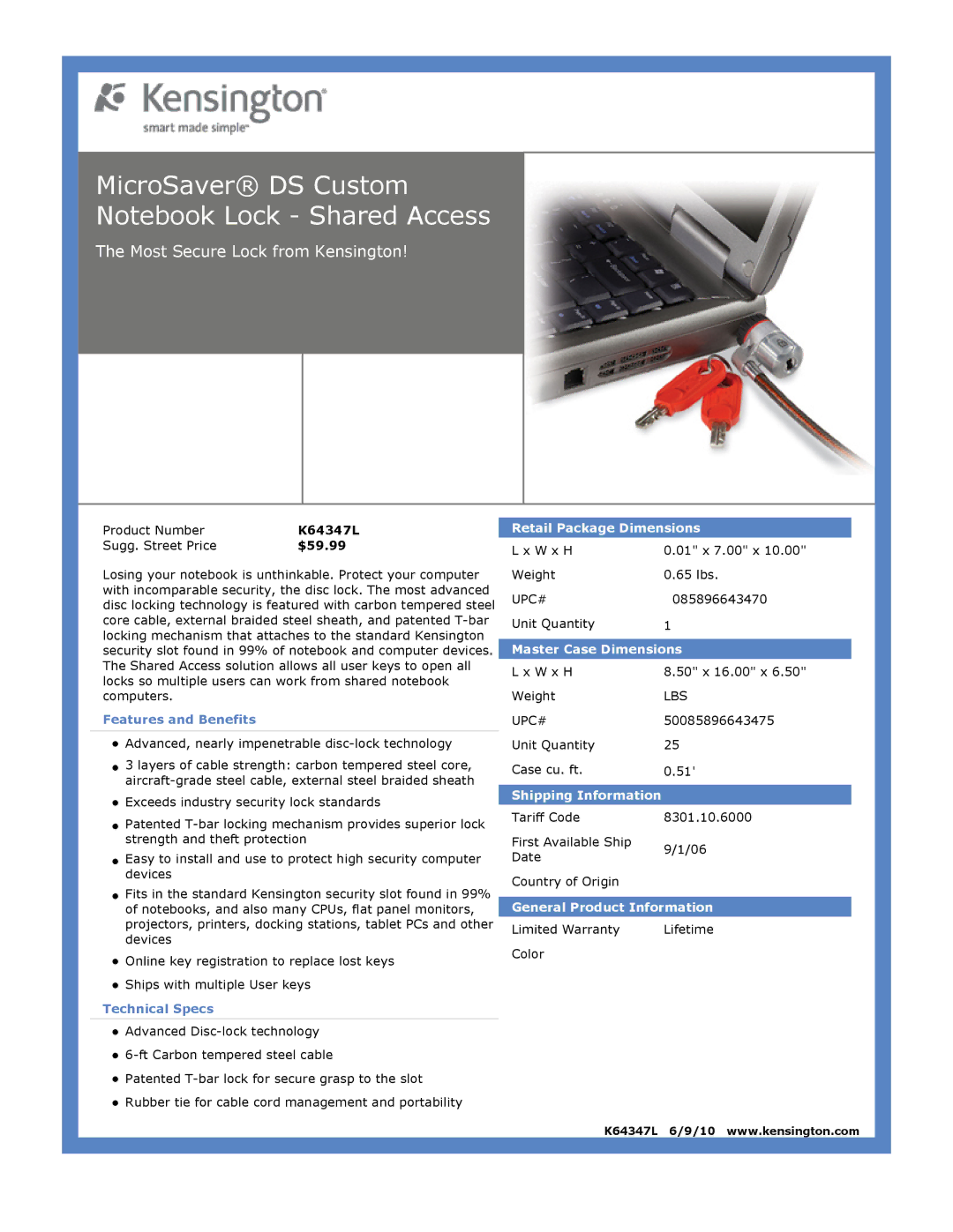 Kensington EU64325 dimensions MicroSaver DS Custom Notebook Lock Shared Access, Most Secure Lock from Kensington 